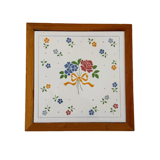 Vintage Framed Floral Ceramic Tile Wall Plaque 7” Square Country Cottage Folk Art