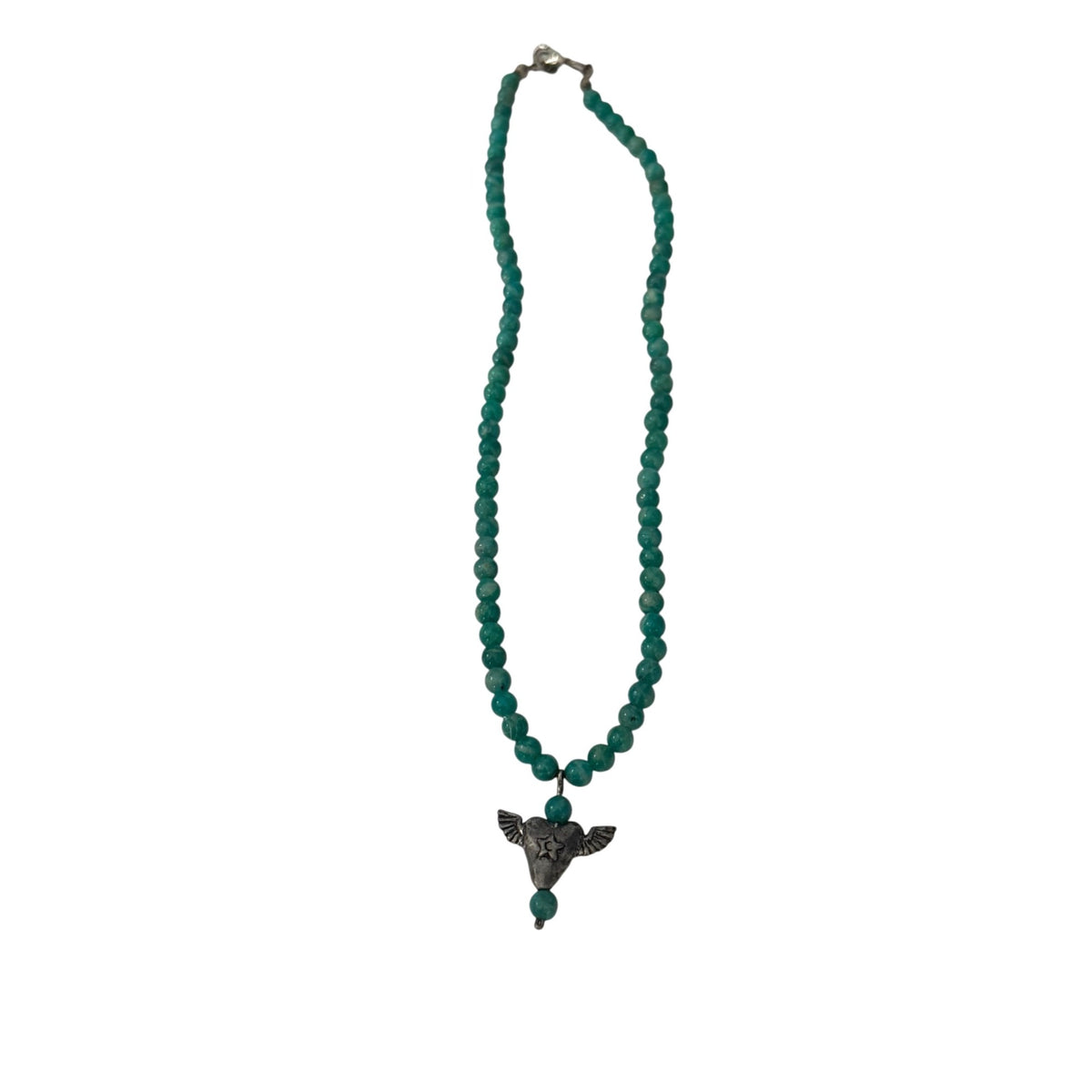 Green Beaded Winged Heart Necklace Silver Tone Artisan Style 14 Inch
