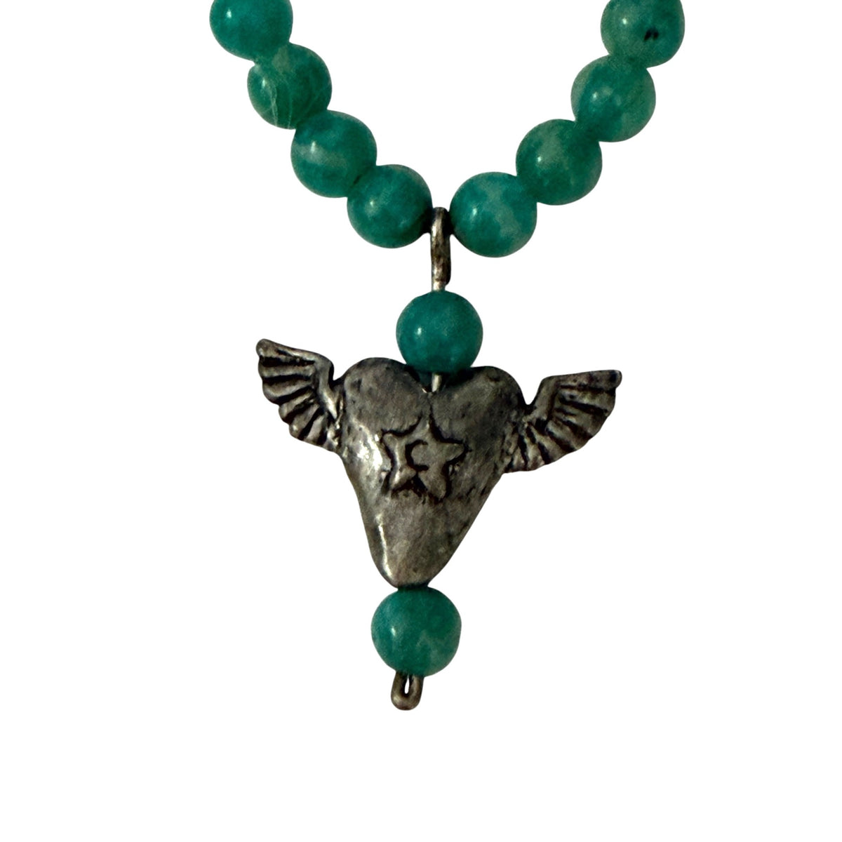 Green Beaded Winged Heart Necklace Silver Tone Artisan Style 14 Inch