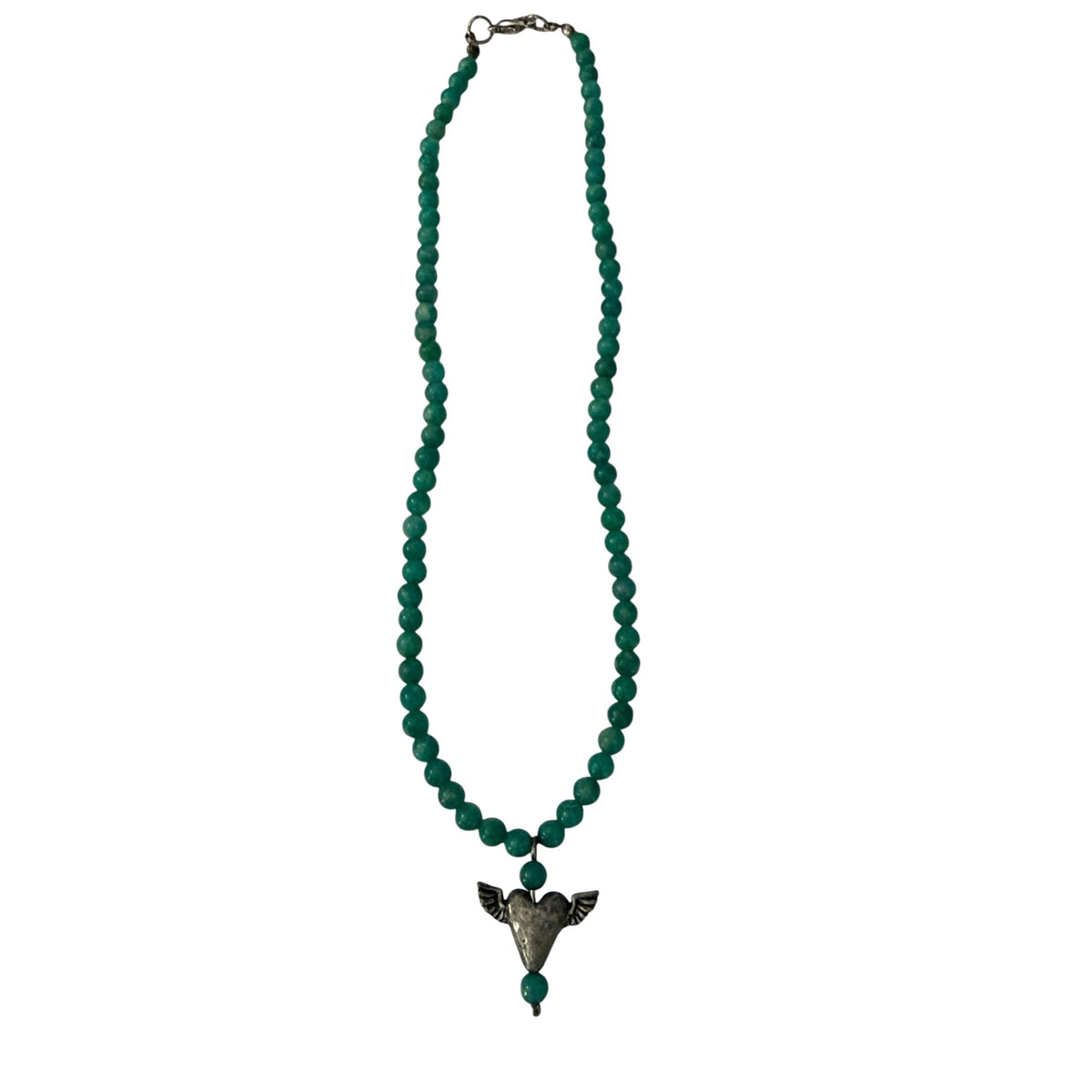 Green Beaded Winged Heart Necklace Silver Tone Artisan Style 14 Inch