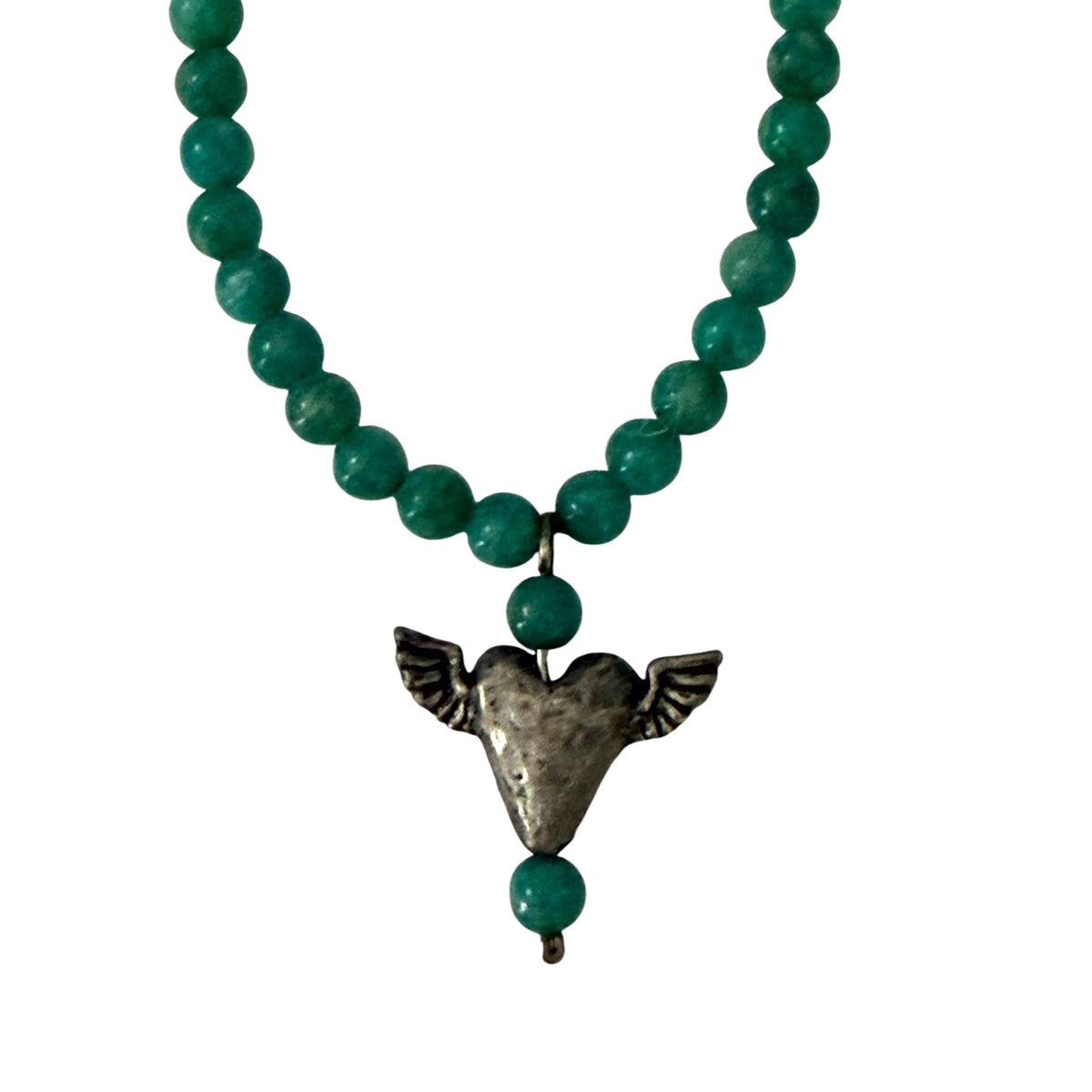 Green Beaded Winged Heart Necklace Silver Tone Artisan Style 14 Inch