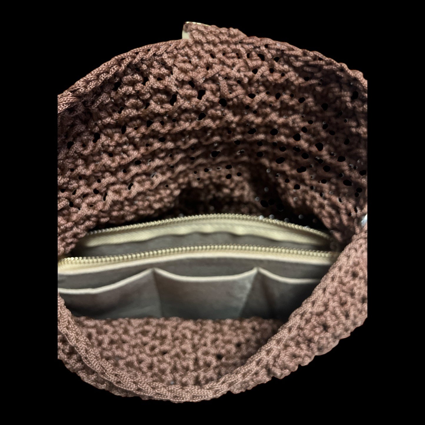 VTG Handmade Crochet Brown Shoulder Bag Rhinestone Chain Strap