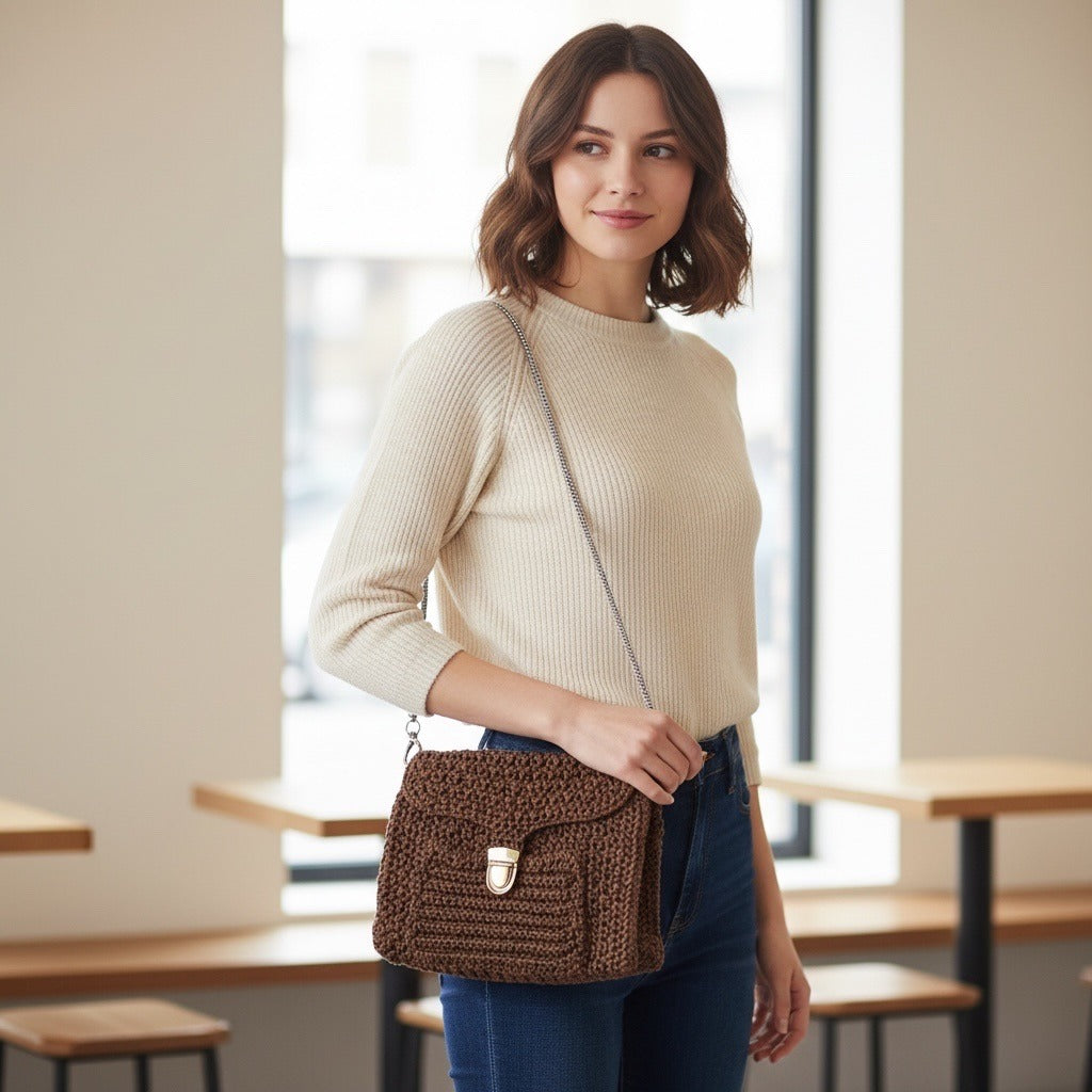VTG Handmade Crochet Brown Shoulder Bag Rhinestone Chain Strap