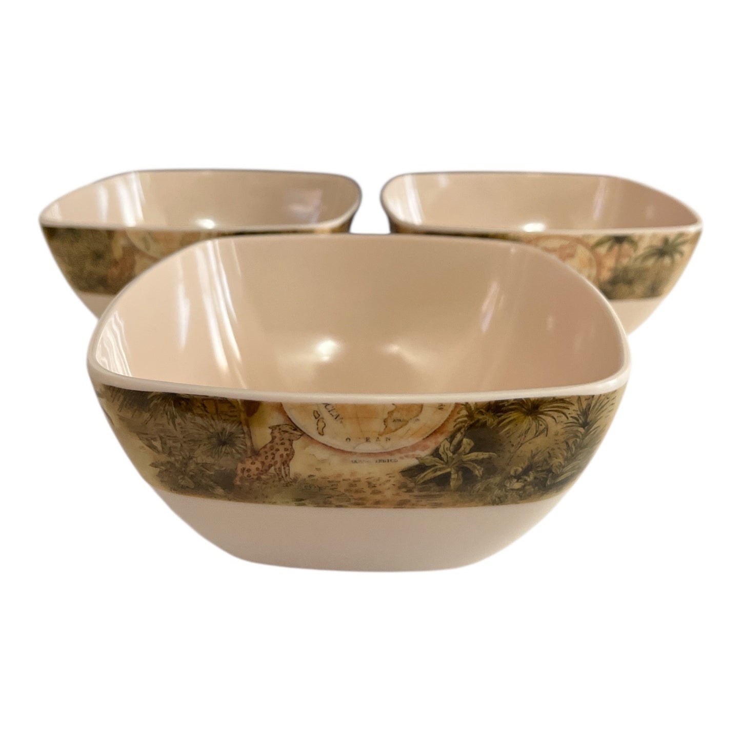 Set of 3 Melamine Safari Map Bowls – Vintage Jungle Design, 5.5” Square, Made in China