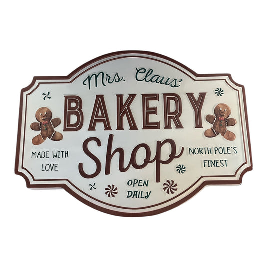 Mrs. Claus Bakery Shop Metal Christmas Wall Sign Gingerbread Kitchen Decor 18” x 13.5”
