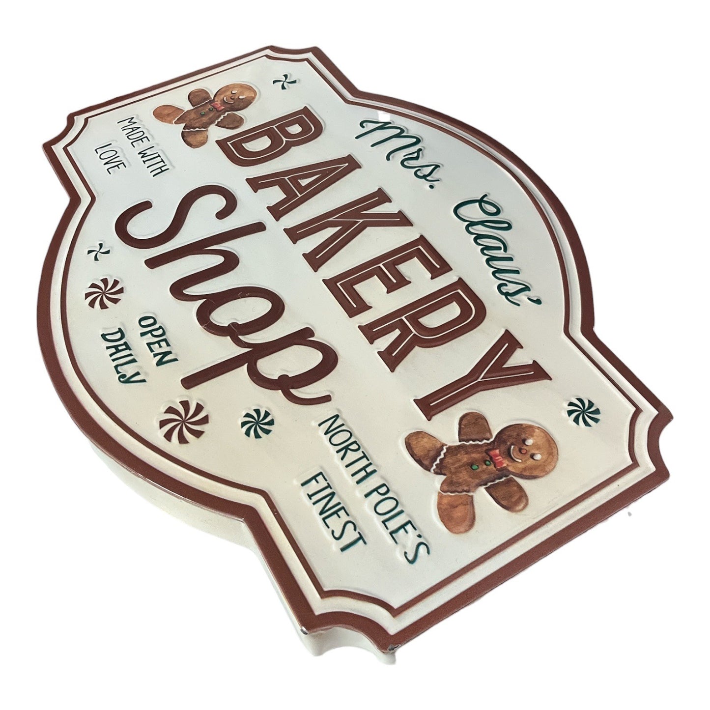 Mrs. Claus Bakery Shop Metal Christmas Wall Sign Gingerbread Kitchen Decor 18” x 13.5”