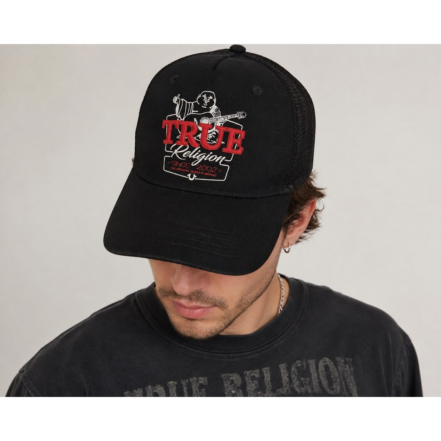 True Religion Brand Jeans Buddha Guitar Black Trucker Hat Snapback Cap
