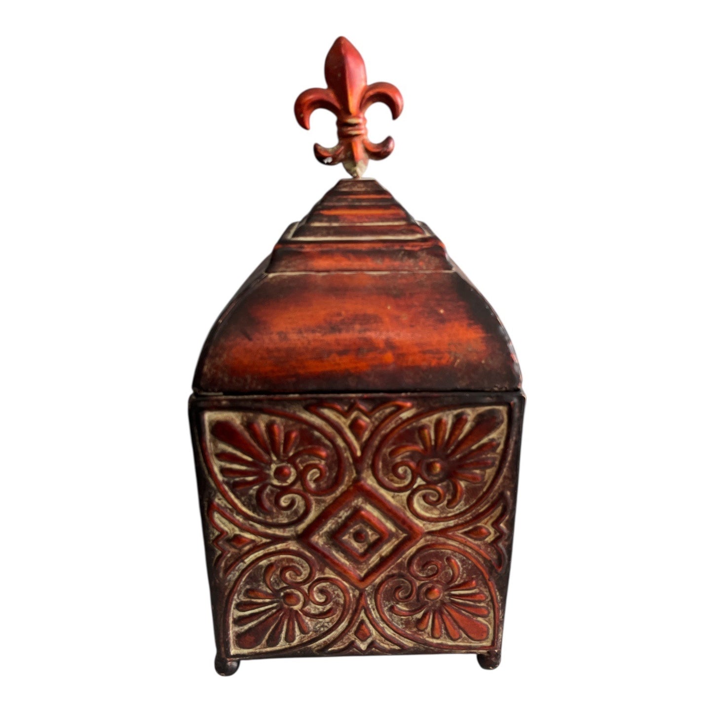 Kirkland’s Decorative Metal Storage Box with Fleur-de-Lis Finial – Red and Gold Embossed Lid – 14x7