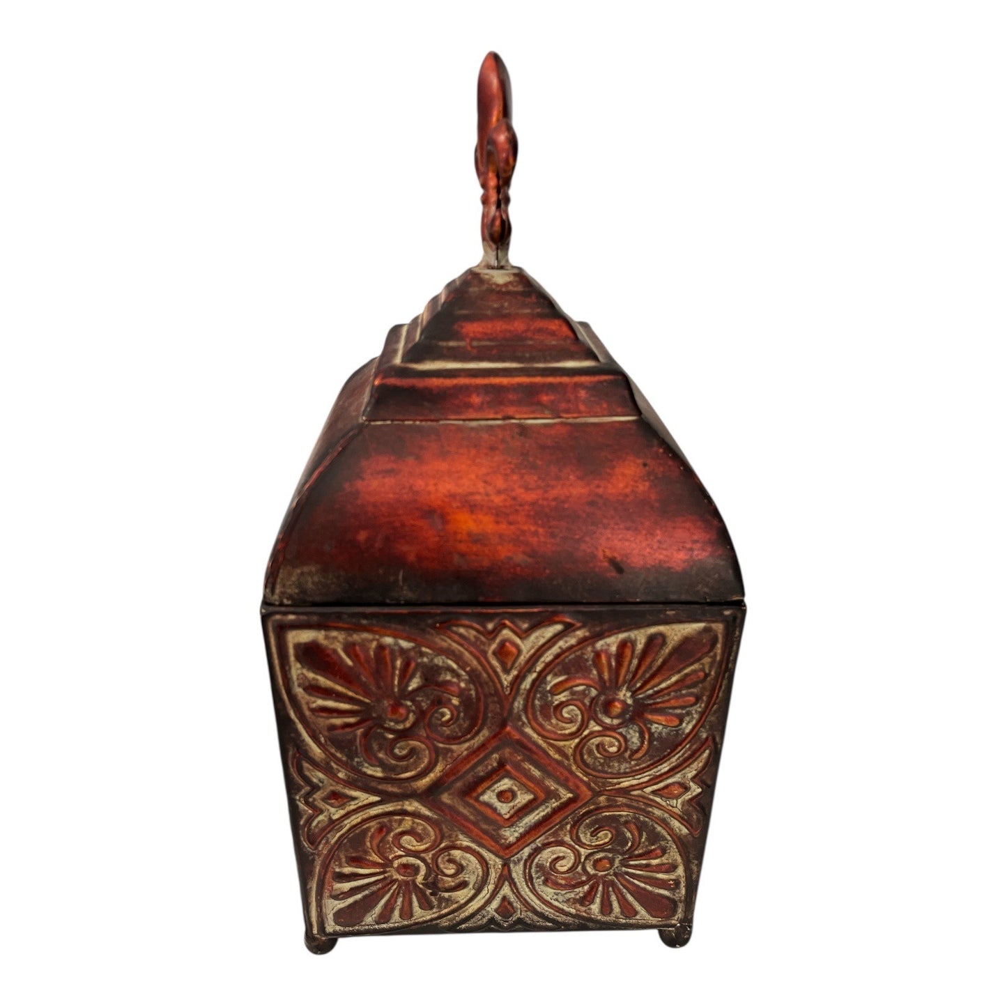 Kirkland’s Decorative Metal Storage Box with Fleur-de-Lis Finial – Red and Gold Embossed Lid – 14x7
