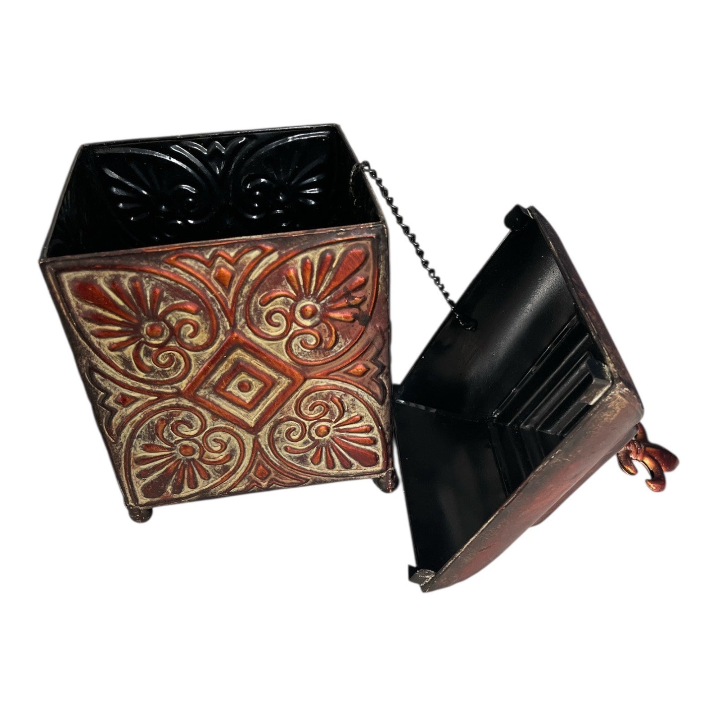 Kirkland’s Decorative Metal Storage Box with Fleur-de-Lis Finial – Red and Gold Embossed Lid – 14x7