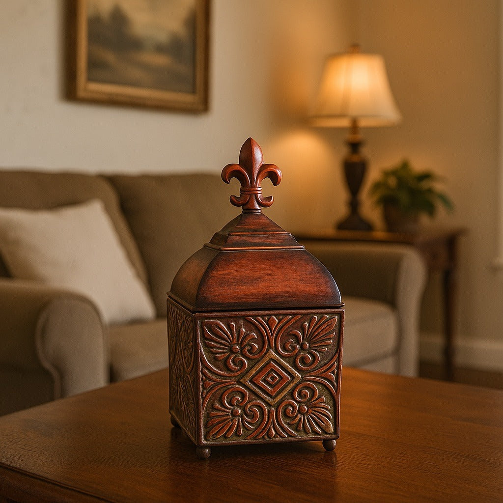 Kirkland’s Decorative Metal Storage Box with Fleur-de-Lis Finial – Red and Gold Embossed Lid – 14x7