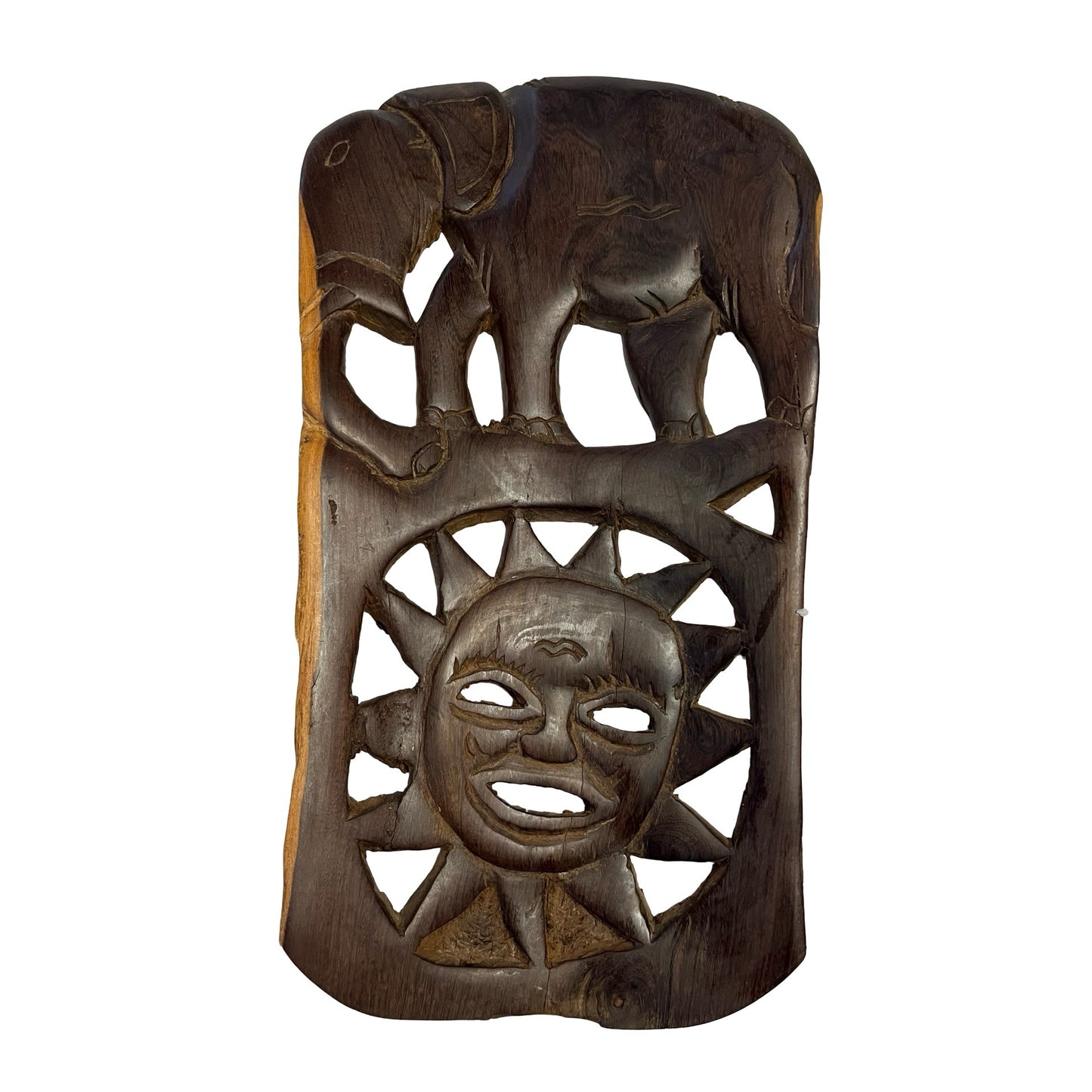 Hand Carved Malawi Africa Wood Wall Art Elephant Sun Mask 18.5" Vintage