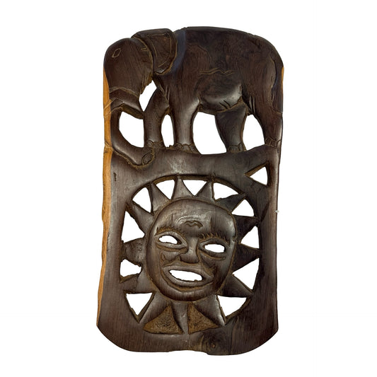 Hand Carved Malawi Africa Wood Wall Art Elephant Sun Mask 18.5" Vintage