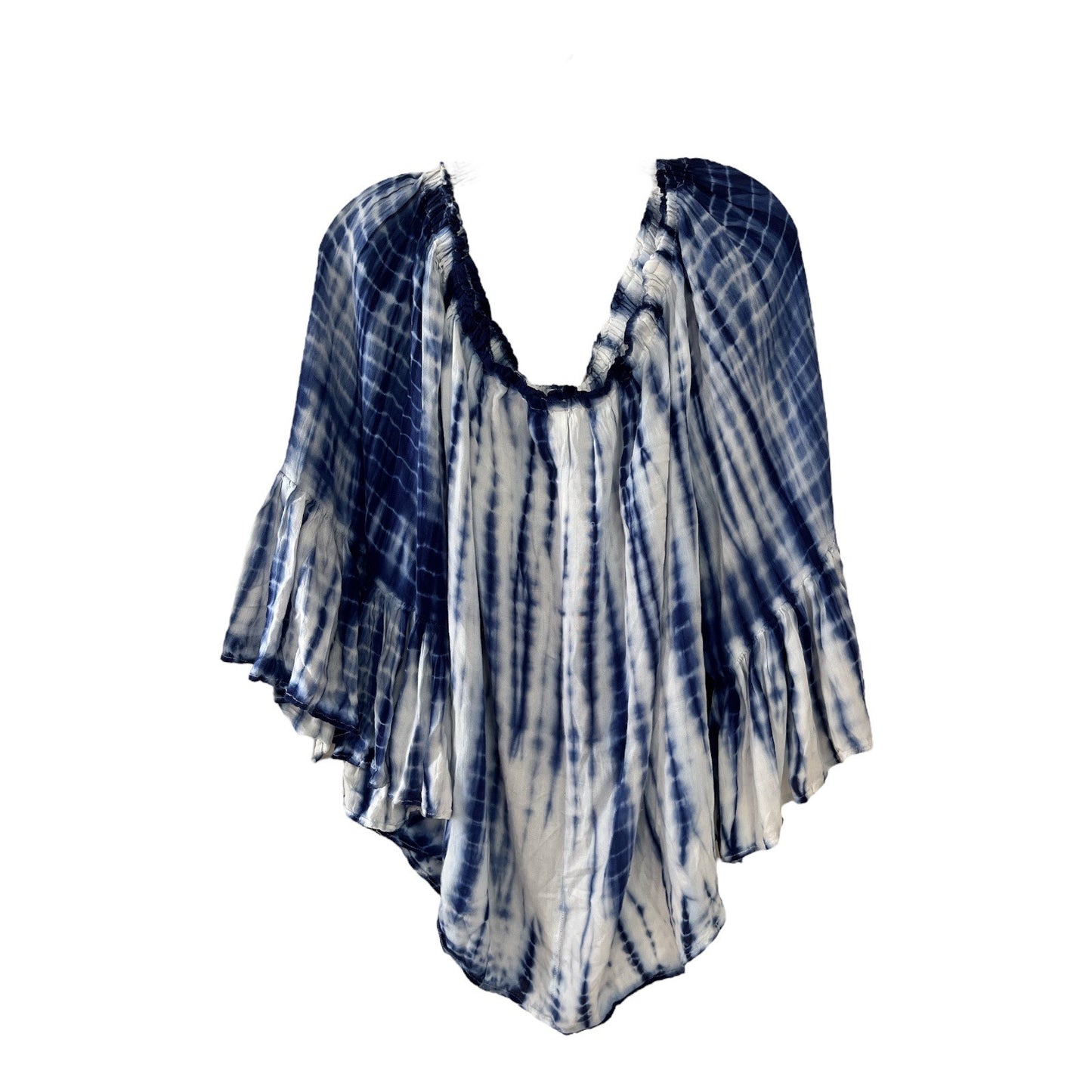 Cassee’s Women’s Blue White Tie-Dye Peasant Blouse Size 2X – Rayon Boho Off-Shoulder Top