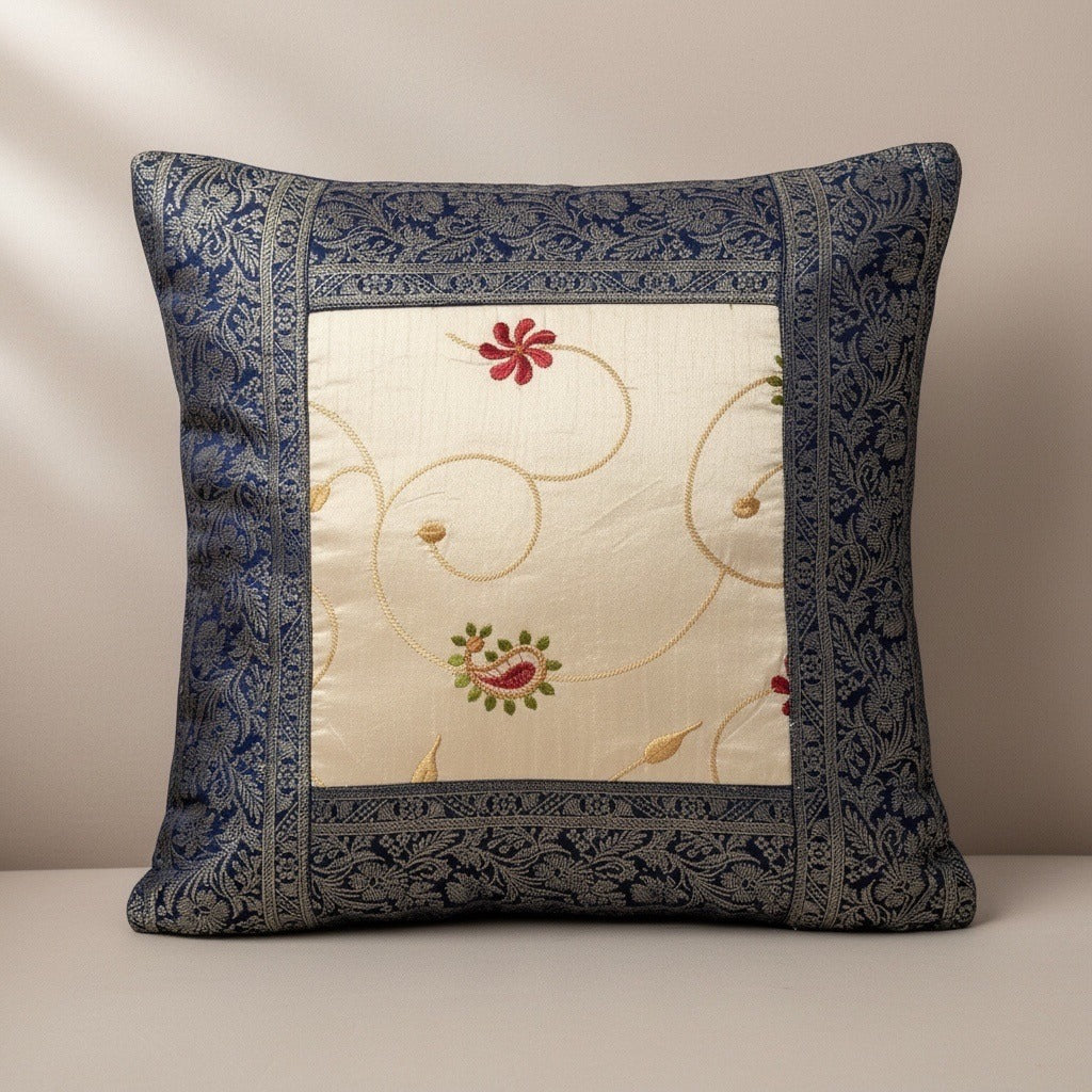 Vintage Blue & Gold Silk Brocade Pillow Cover Floral Embroidery 16”