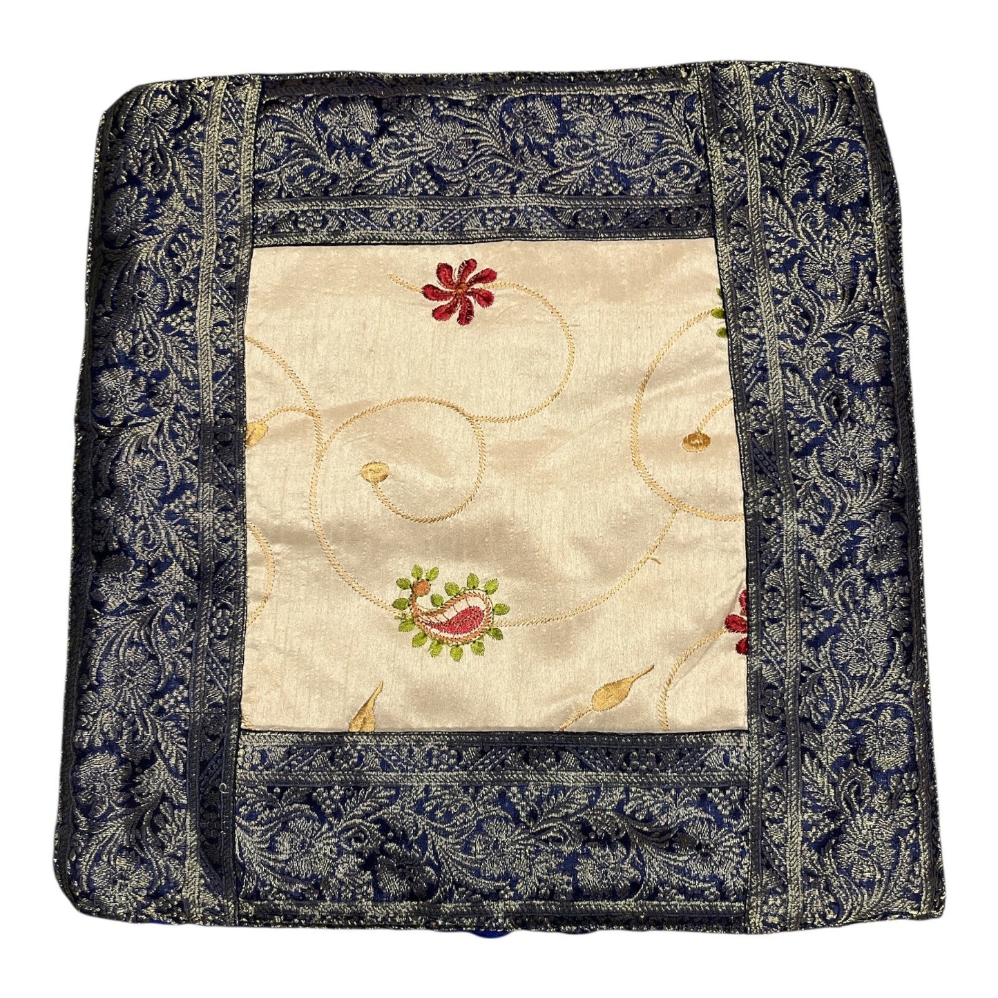 Vintage Blue & Gold Silk Brocade Pillow Cover Floral Embroidery 16”