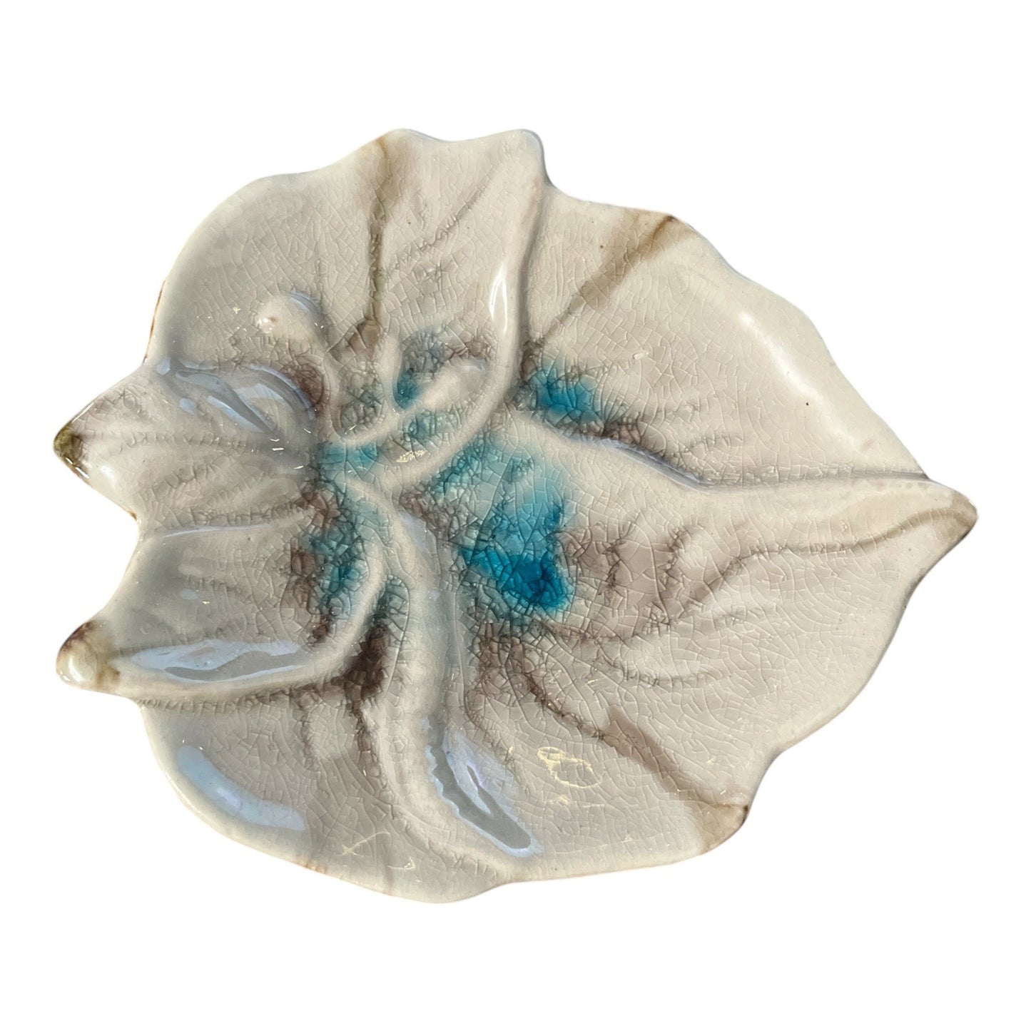 Ceramic Leaf Dish Crackle Glaze Blue Green Decorative Trinket Bowl