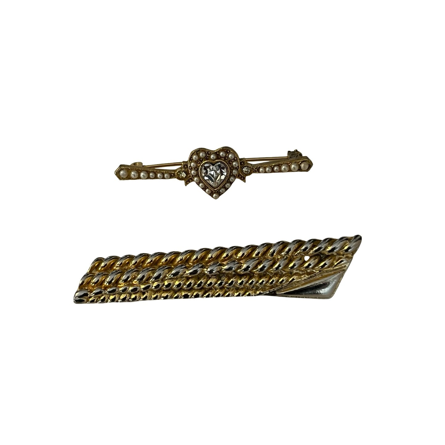 Vintage Heart Brooch Pearl Rhinestone Gold Tone + Two Tone Textured Bar Pin Set