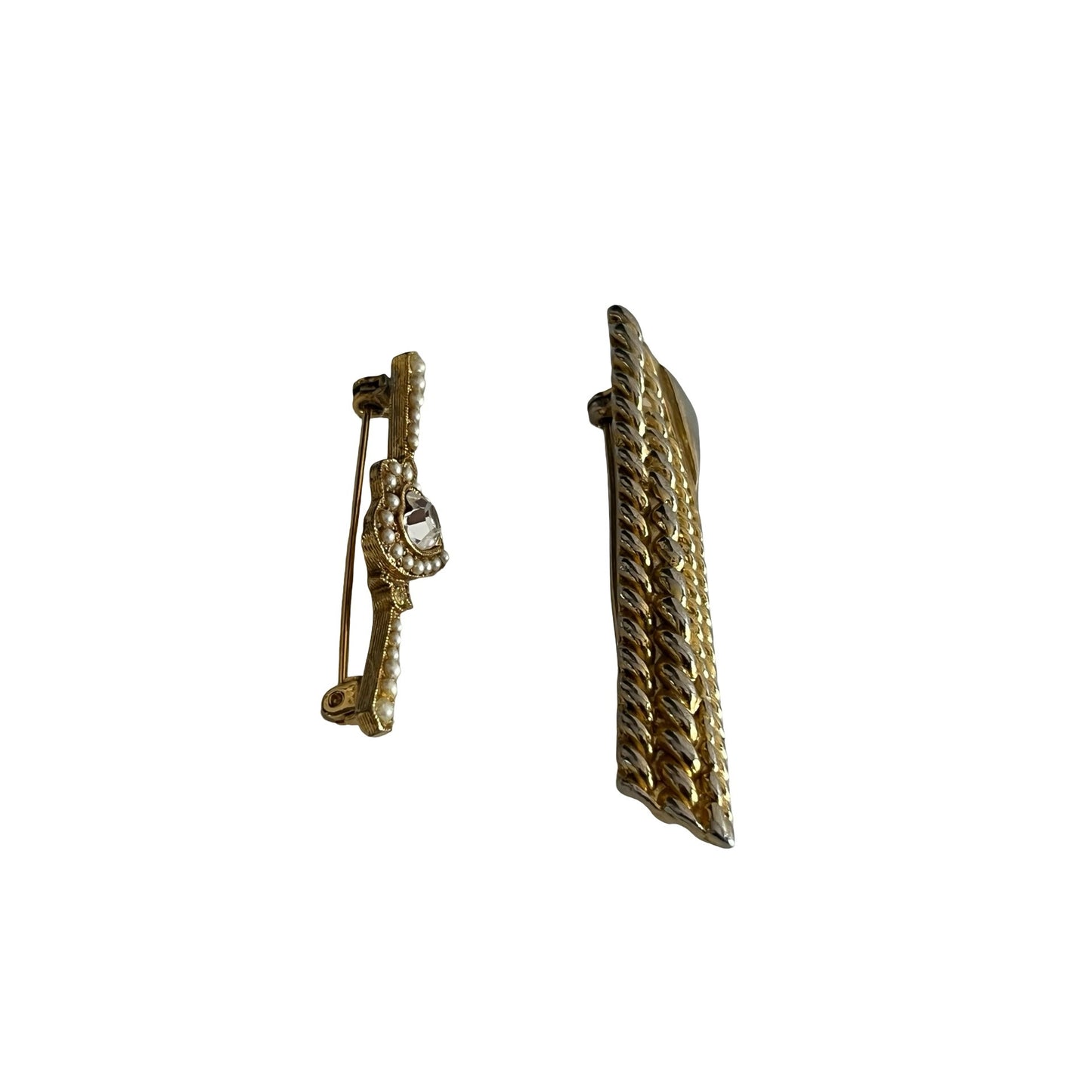 Vintage Heart Brooch Pearl Rhinestone Gold Tone + Two Tone Textured Bar Pin Set
