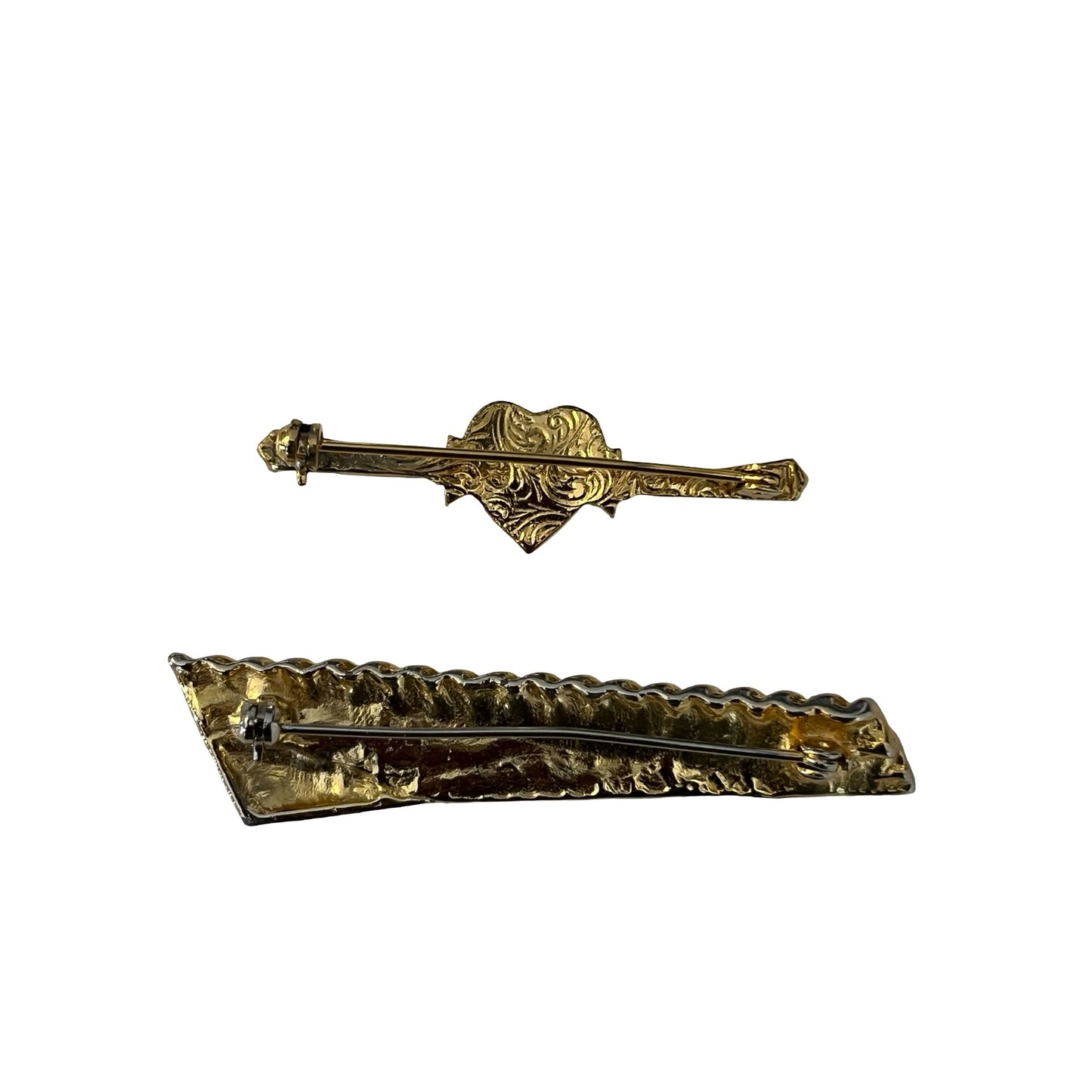 Vintage Heart Brooch Pearl Rhinestone Gold Tone + Two Tone Textured Bar Pin Set