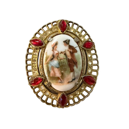 Vintage Victorian Couple Porcelain Portrait Dress Clip Red Rhinestones