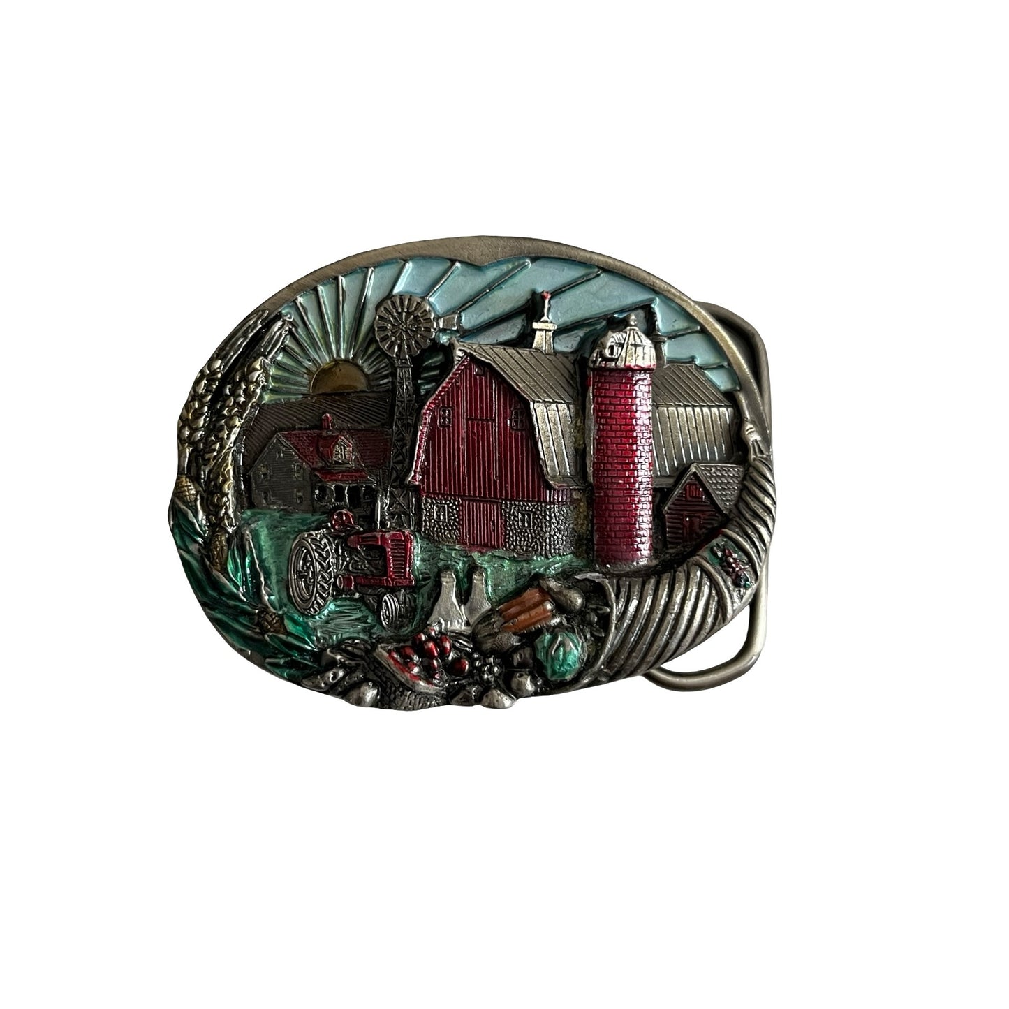 1982 Great American Buckle Co Farm Scene Belt Buckle Barn Tractor Windmill Vintage