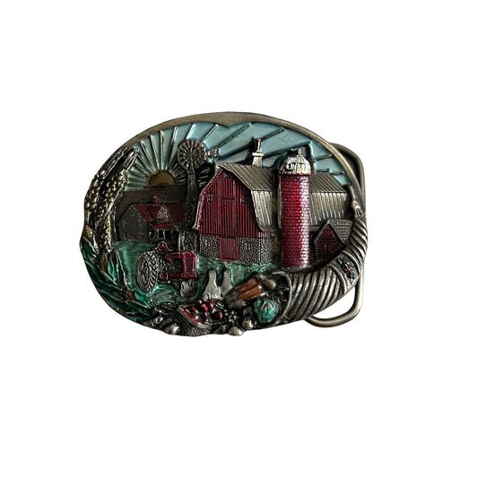 1982 Great American Buckle Co Farm Scene Belt Buckle Barn Tractor Windmill Vintage