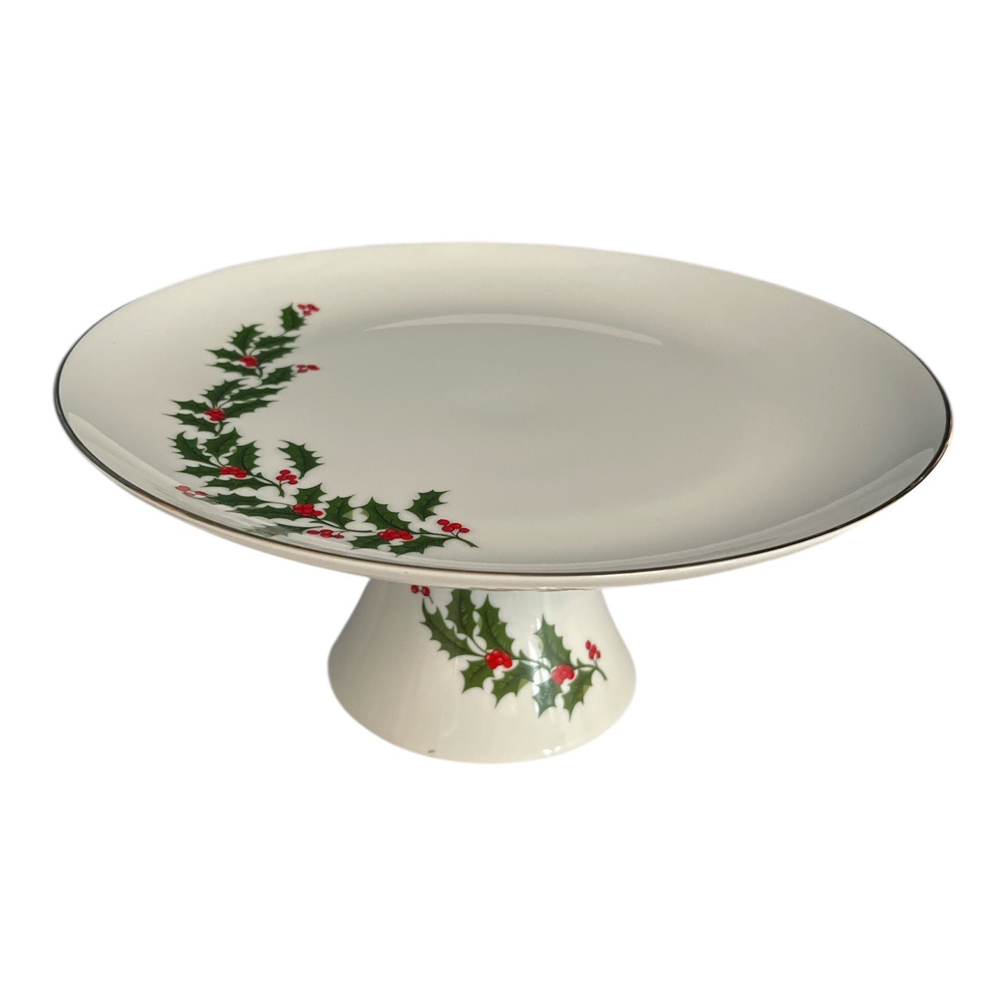 Vintage Made in Japan Holly Pedestal Cake Stand Christmas Dessert Serving Plate 10 Inch