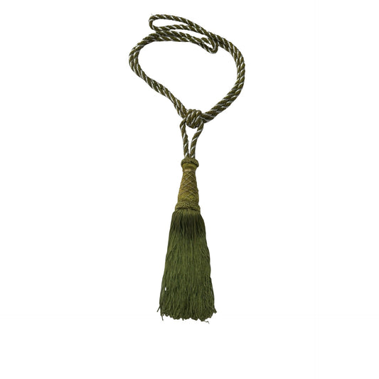 Vintage Olive Green Silver Metallic Tassel Curtain Tieback 30" Decorative Drapery Holdback