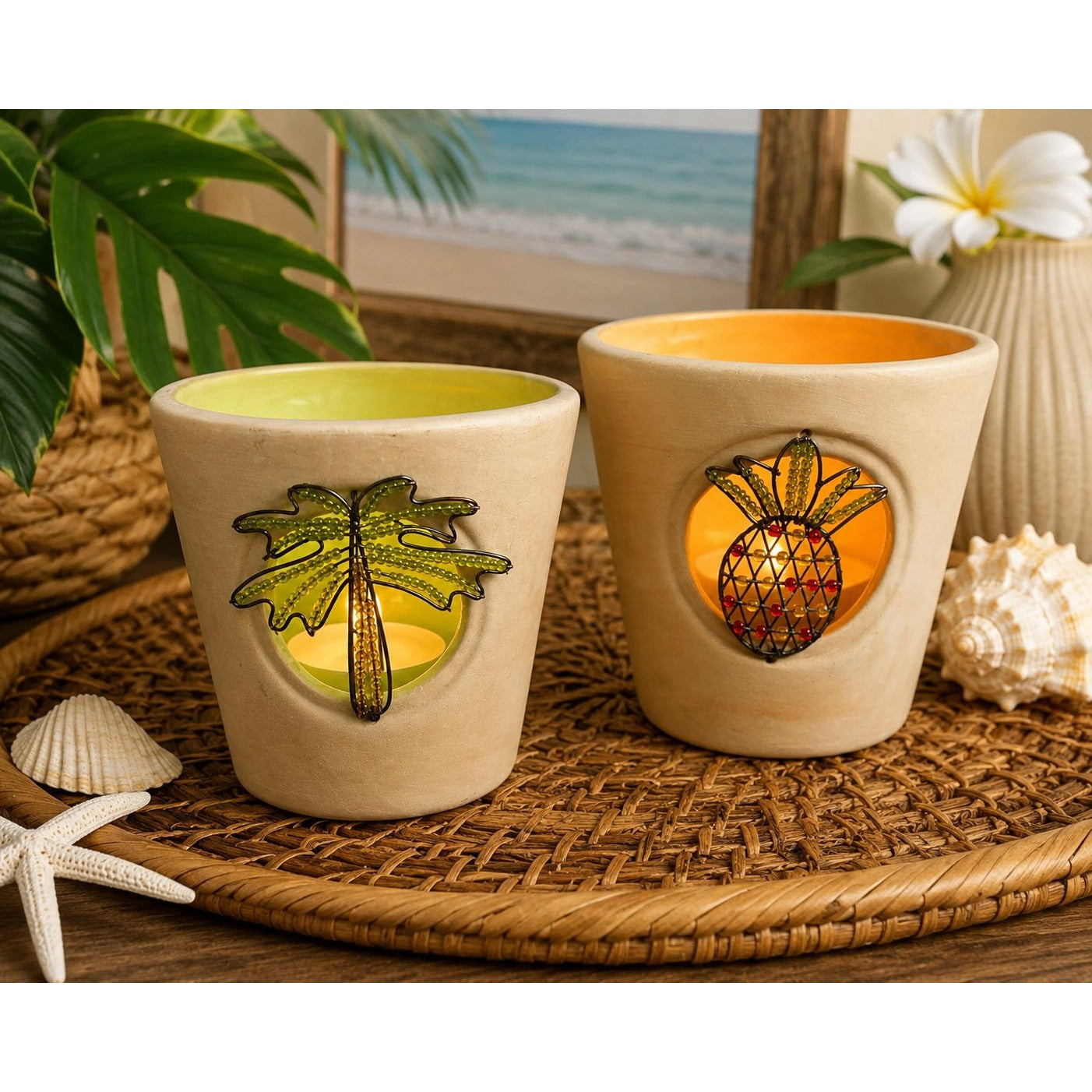 Global Amici Tropical Palm Tree Pineapple Beaded Pottery Votive Candle Holders Set of 2