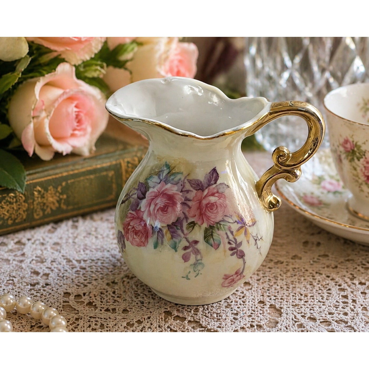 Vintage Lefton China Creamer Pitcher Hand Painted Roses Gold Trim Japan 6622