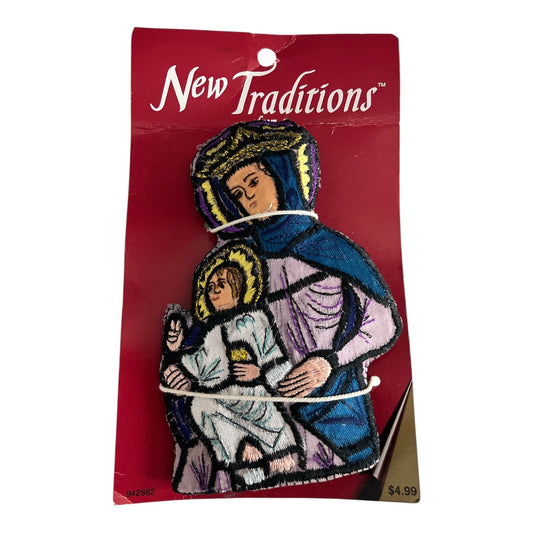 Vintage 1994 New Traditions Embroidered Madonna and Child Tree Topper – MJ Designs – Original Card