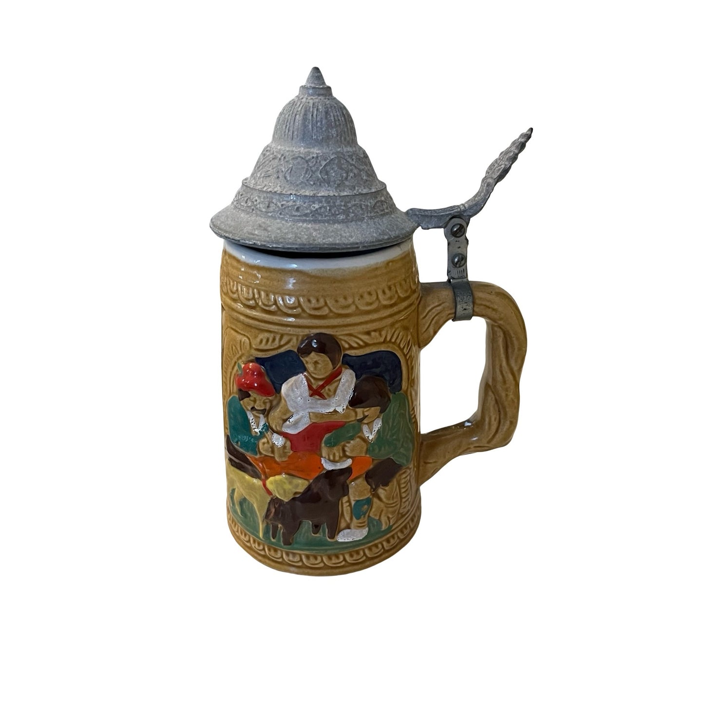Vintage German Beer Stein Lidded Ceramic Stein Embossed Relief Drinker Scene Pewter Lid