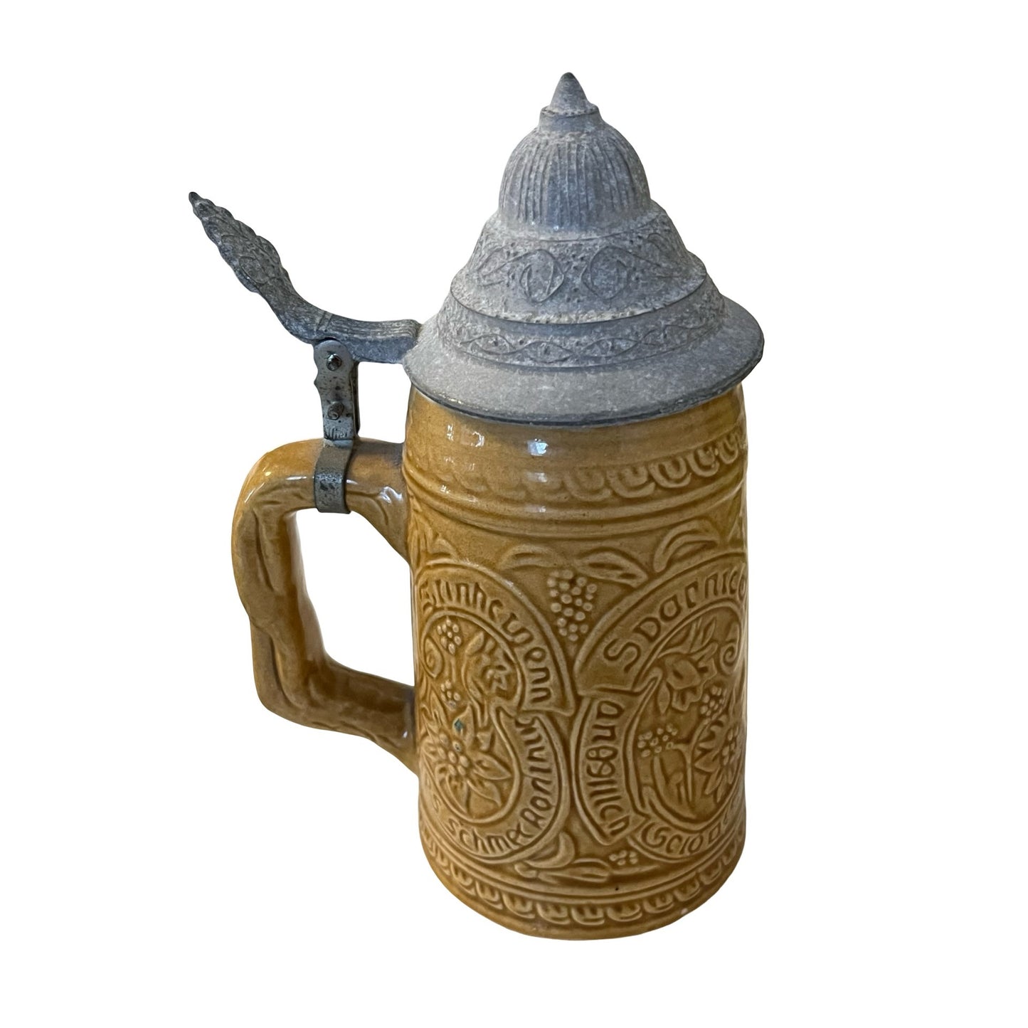 Vintage German Beer Stein Lidded Ceramic Stein Embossed Relief Drinker Scene Pewter Lid