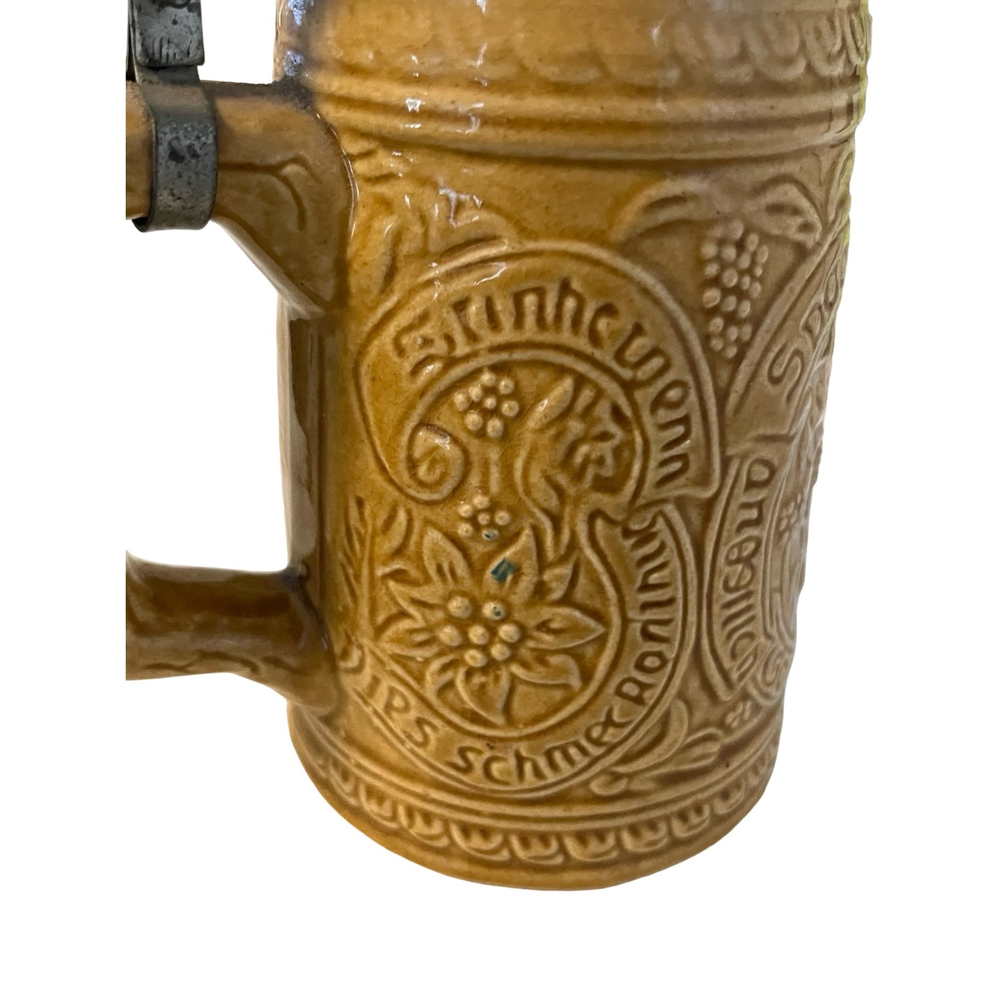 Vintage German Beer Stein Lidded Ceramic Stein Embossed Relief Drinker Scene Pewter Lid
