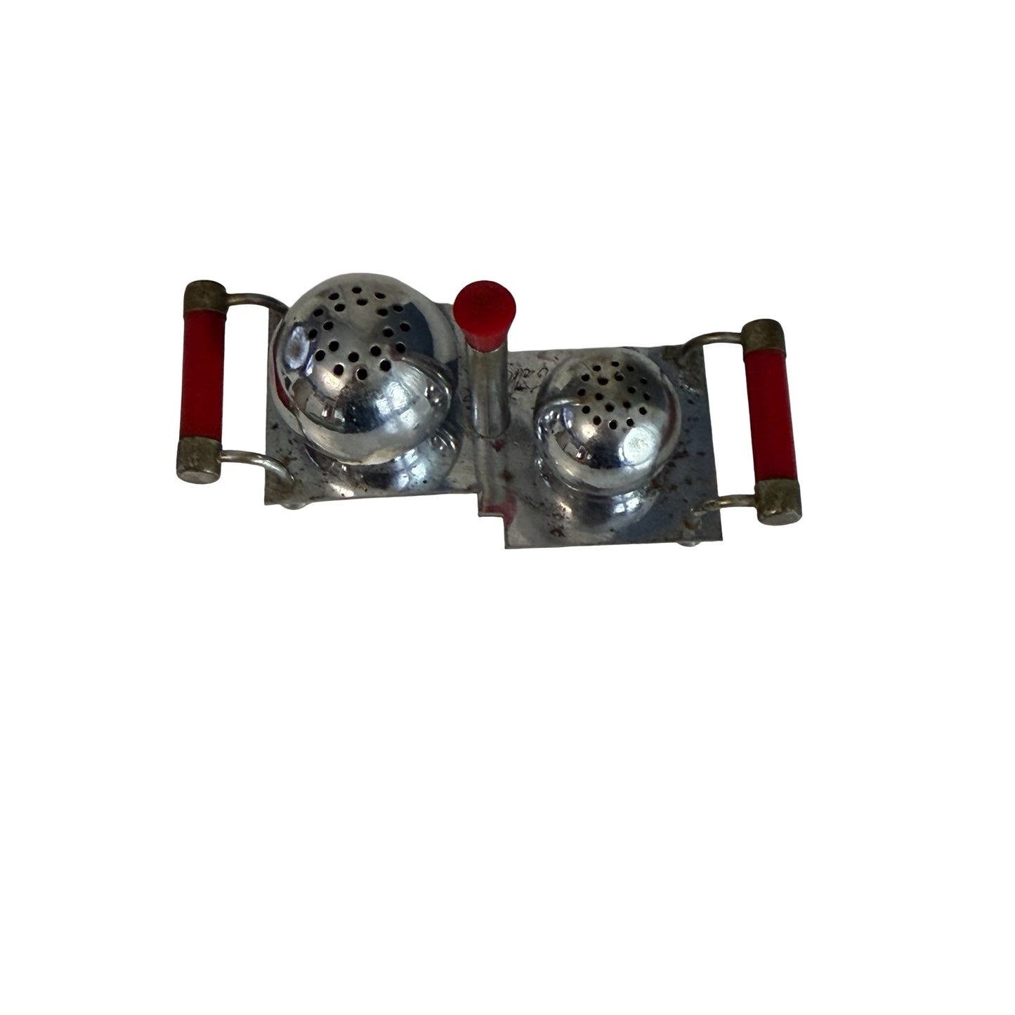 Vintage Japan Chrome Salt Pepper Shaker Set Tray Red Handles Mid Century Atomic