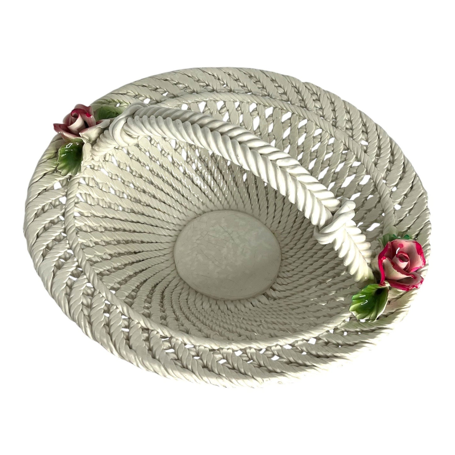 Vintage Porcelain Rope Basket with Pink Roses – White Lattice Handle Floral Centerpiece – 11”