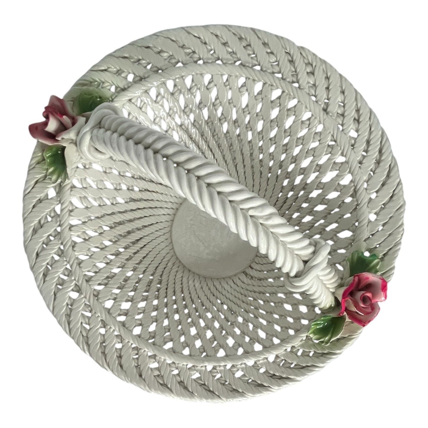 Vintage Porcelain Rope Basket with Pink Roses – White Lattice Handle Floral Centerpiece – 11”