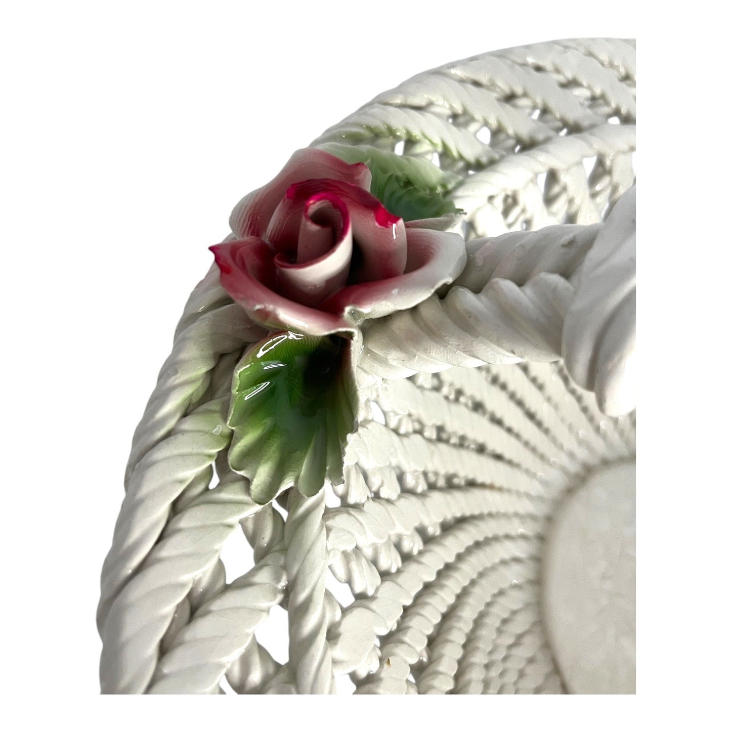 Vintage Porcelain Rope Basket with Pink Roses – White Lattice Handle Floral Centerpiece – 11”