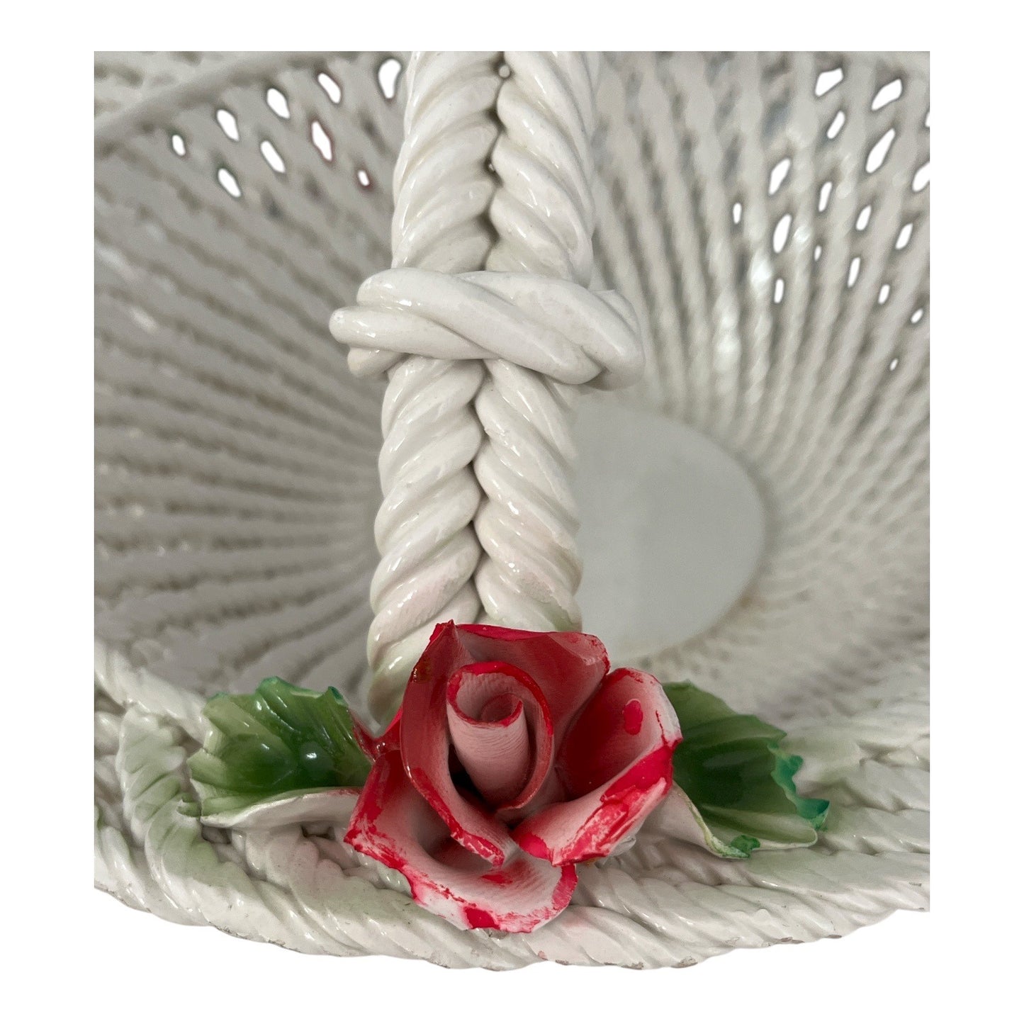 Vintage Porcelain Rope Basket with Pink Roses – White Lattice Handle Floral Centerpiece – 11”