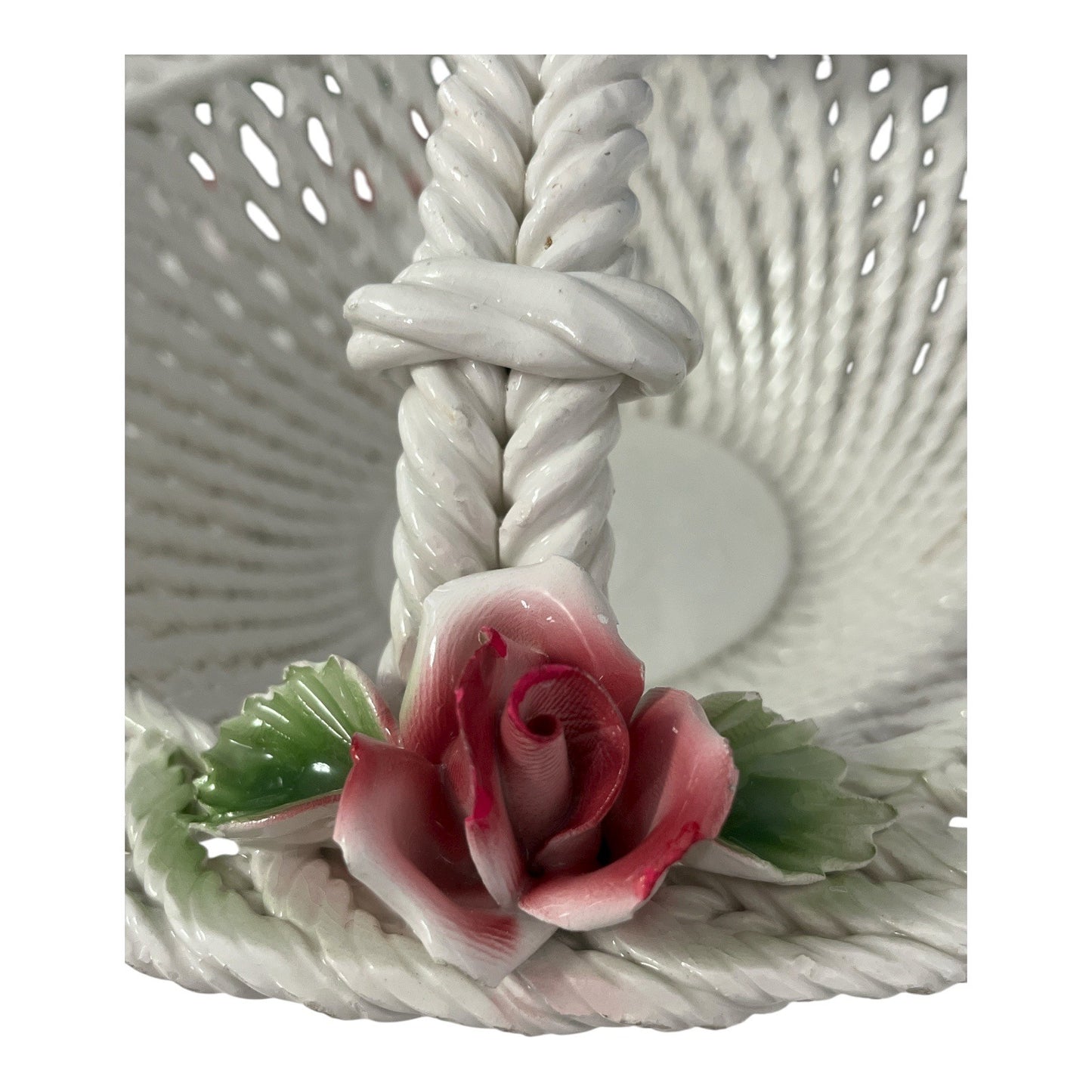 Vintage Porcelain Rope Basket with Pink Roses – White Lattice Handle Floral Centerpiece – 11”