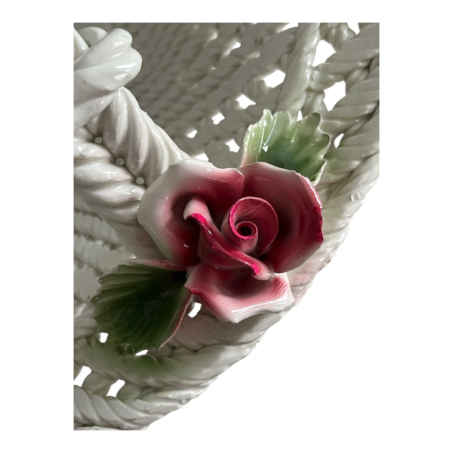 Vintage Porcelain Rope Basket with Pink Roses – White Lattice Handle Floral Centerpiece – 11”