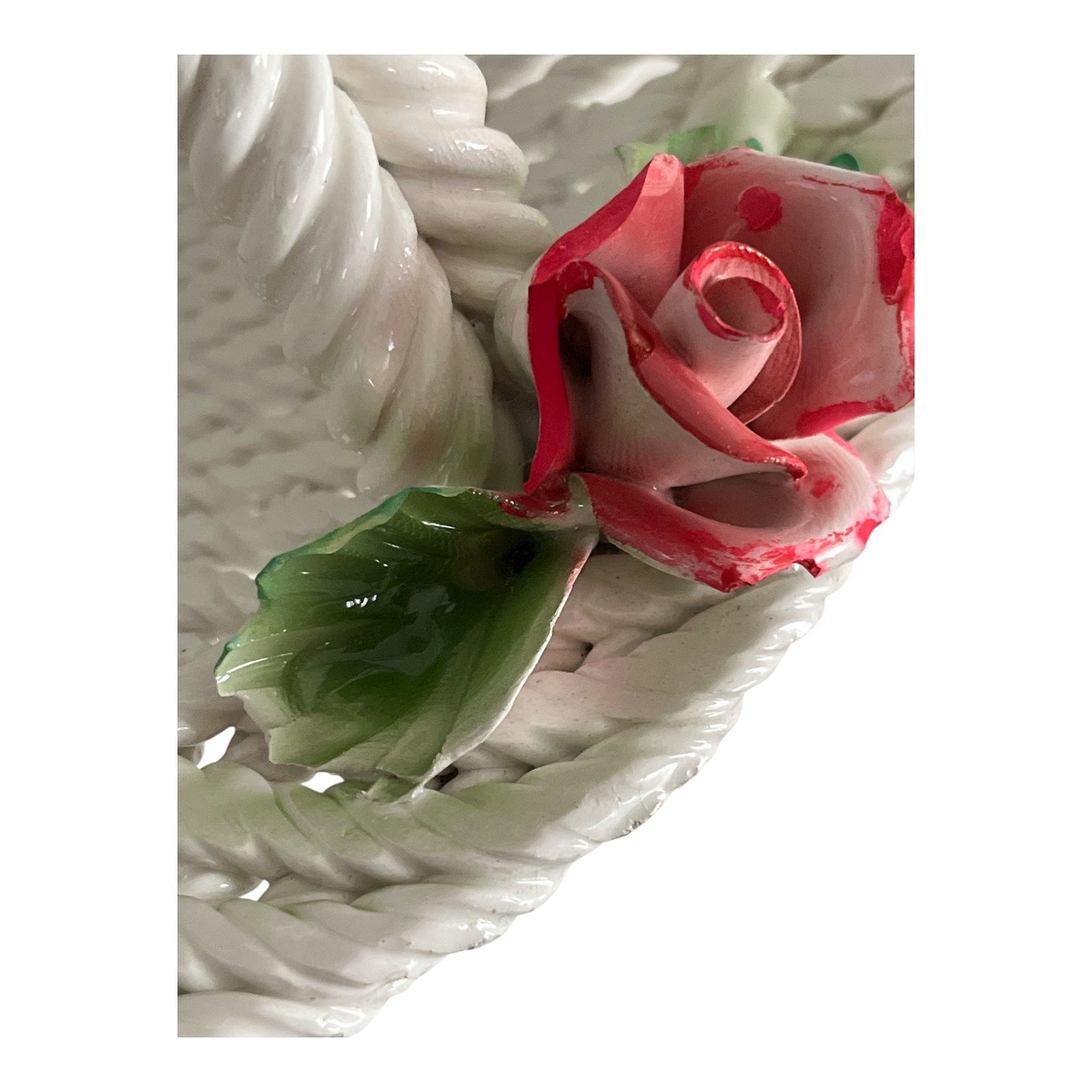 Vintage Porcelain Rope Basket with Pink Roses – White Lattice Handle Floral Centerpiece – 11”