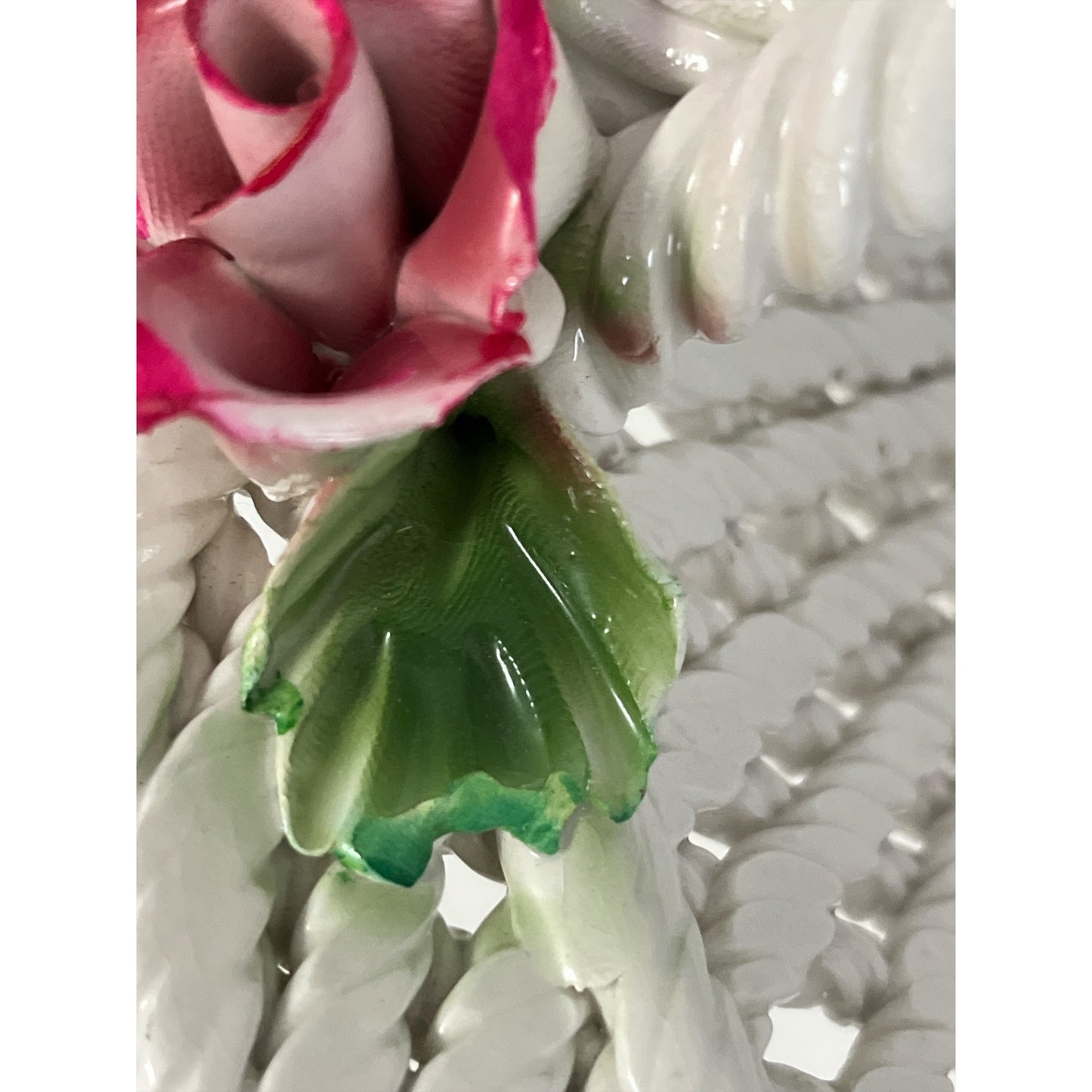 Vintage Porcelain Rope Basket with Pink Roses – White Lattice Handle Floral Centerpiece – 11”