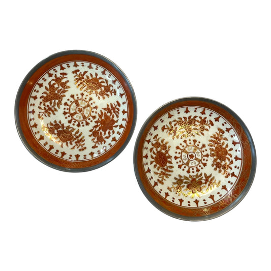 MCM Japanese Porcelain Bowls with Pewter Rims – ACF Hong Kong – Red & Gold Floral – Mid-Century Pair