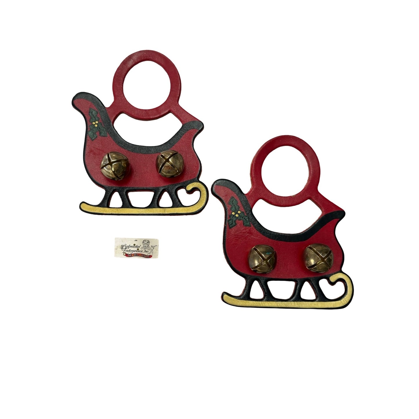 Vintage Belsnickel Enterprises Leather Christmas Sleigh Bell Door Hangers Set of 2