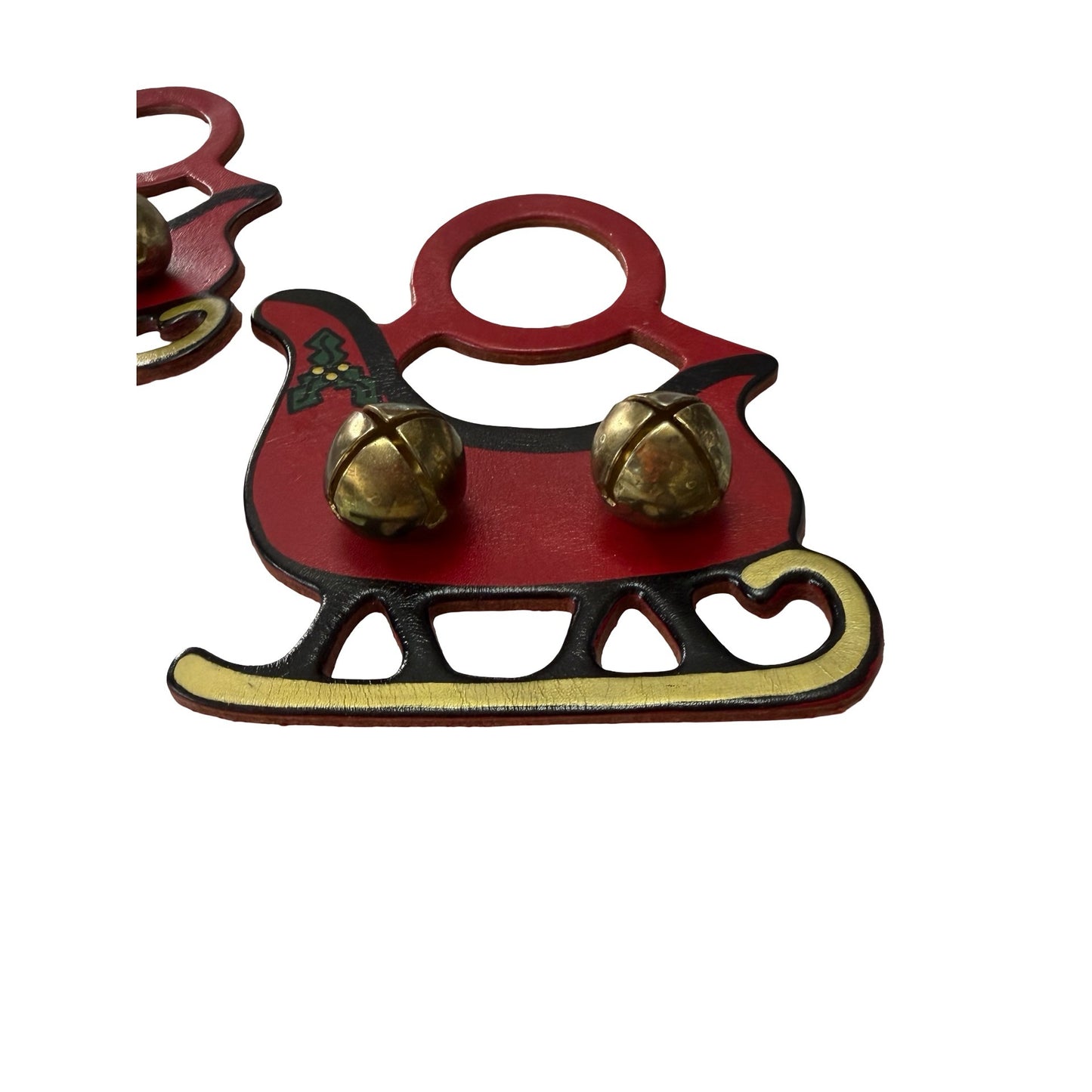 Vintage Belsnickel Enterprises Leather Christmas Sleigh Bell Door Hangers Set of 2