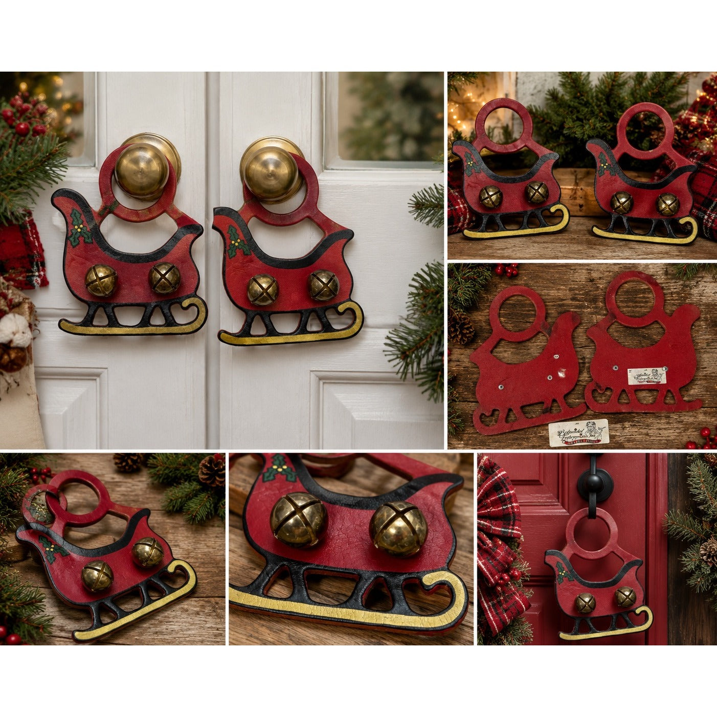 Vintage Belsnickel Enterprises Leather Christmas Sleigh Bell Door Hangers Set of 2
