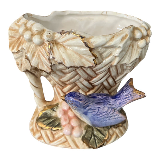 Vintage Norleans Ceramic Bud Vase – Wicker Basket with Bluebird – 4.5 x 3 in – Japan