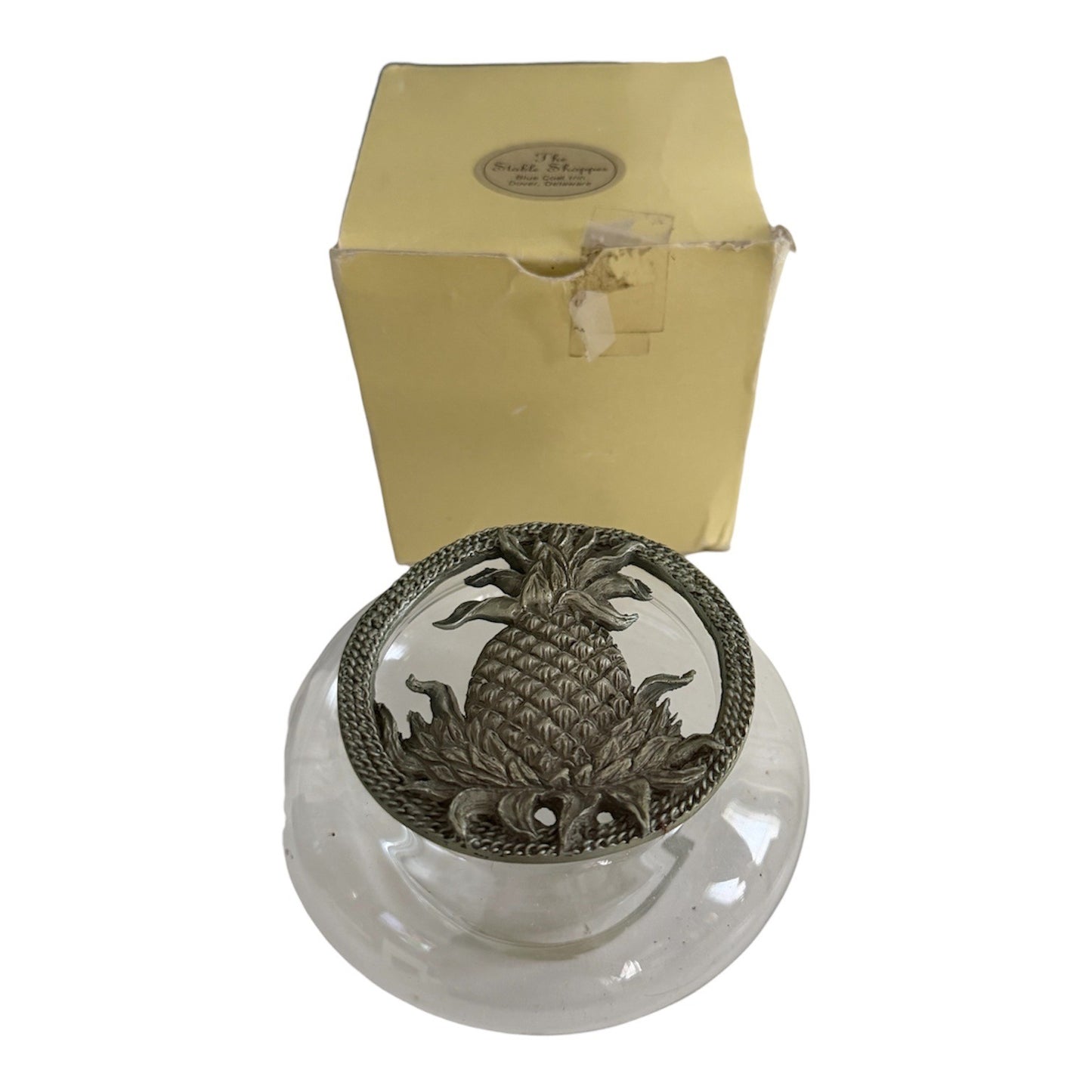 Vintage Pineapple Potpourri Bowl Glass Pewter Lid Blue Coat Inn Delaware